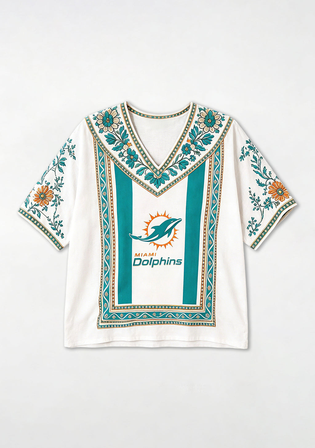 Boho Teal Floral Miami Dolphins V-Neck Blouse