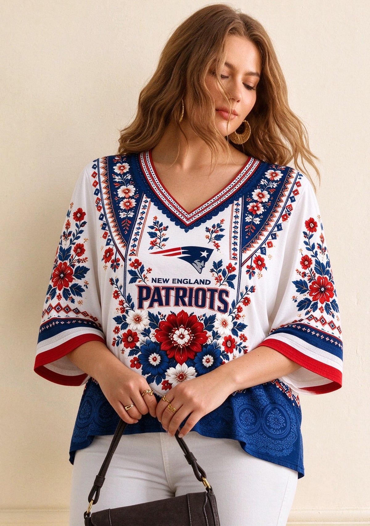 Women’s New England Patriots Boho Floral V-Neck 3/4 Sleeve Shirt