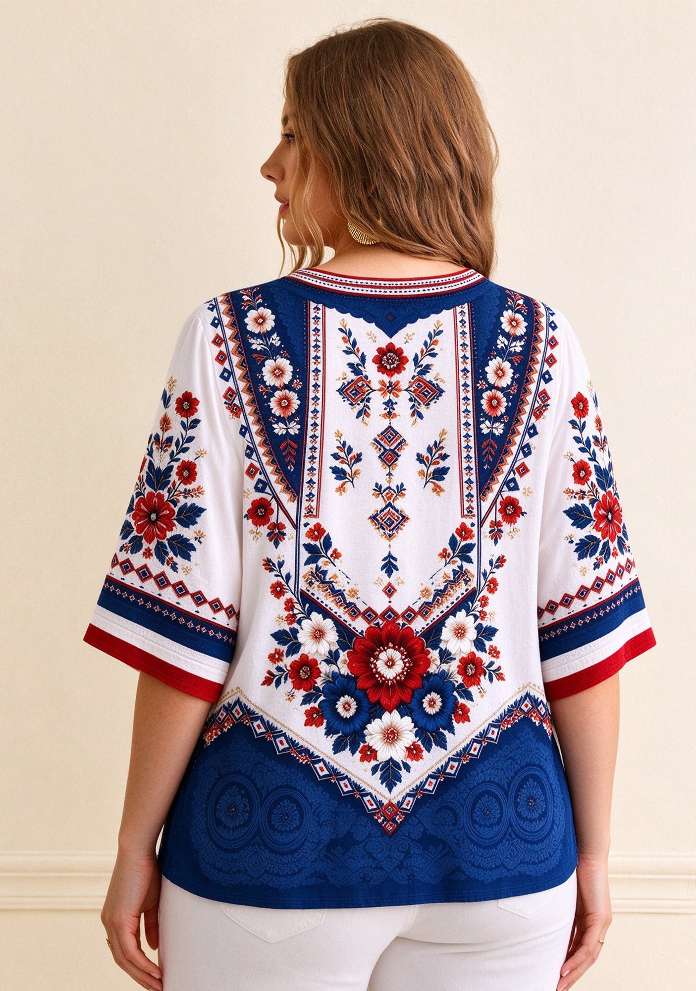 Women’s New England Patriots Boho Floral V-Neck 3/4 Sleeve Shirt Secondary image