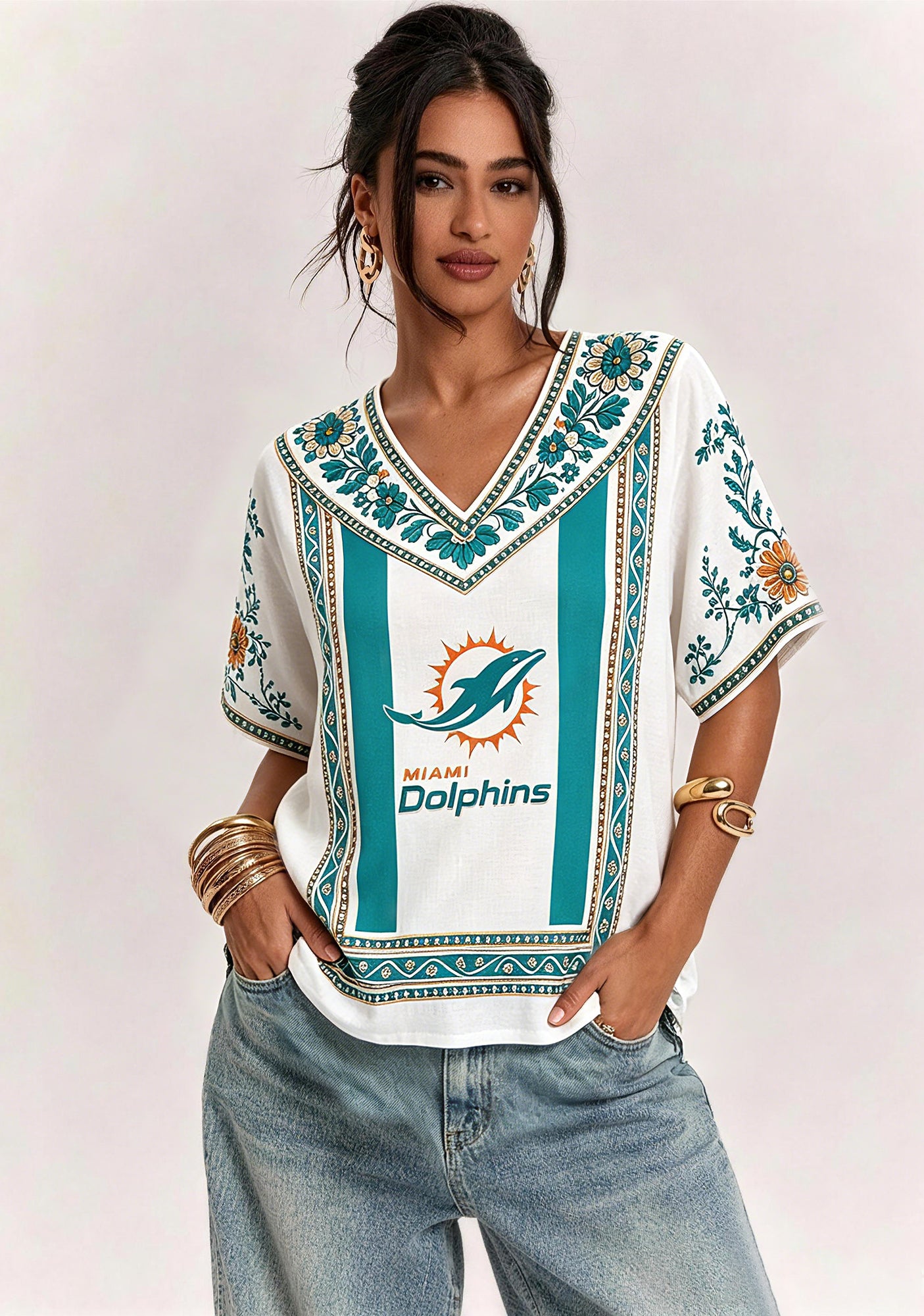 Boho Teal Floral Miami Dolphins V-Neck Blouse Main image