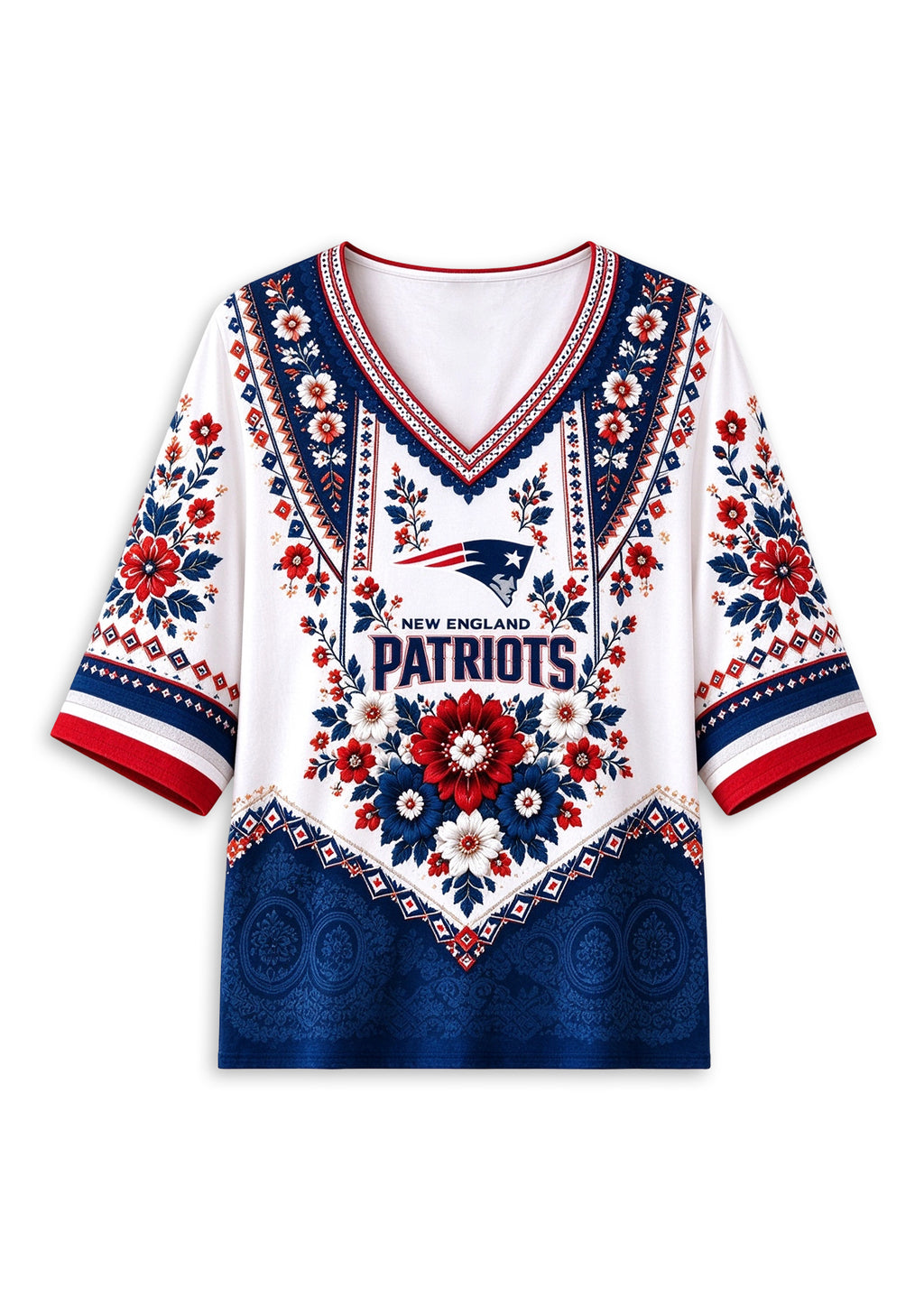 Women’s New England Patriots Boho Floral V-Neck 3/4 Sleeve Shirt