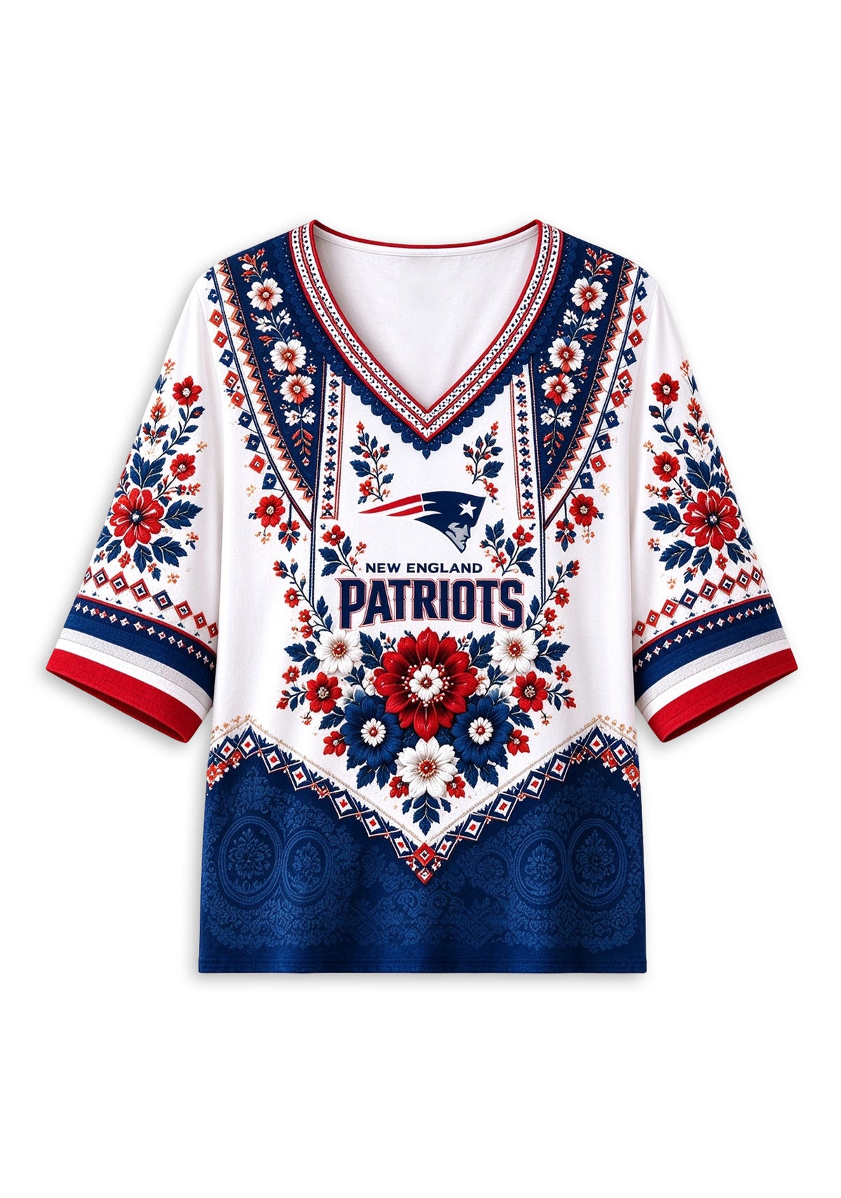 Women’s New England Patriots Boho Floral V-Neck 3/4 Sleeve Shirt