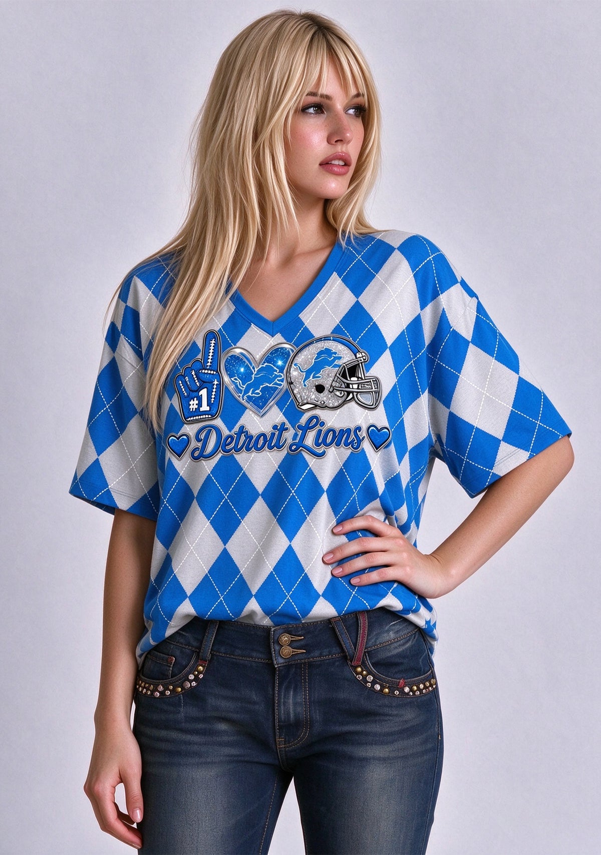 Women's Detroit Lions Argyle #1 Fan Heart Helmet V-Neck T-Shirt Main image