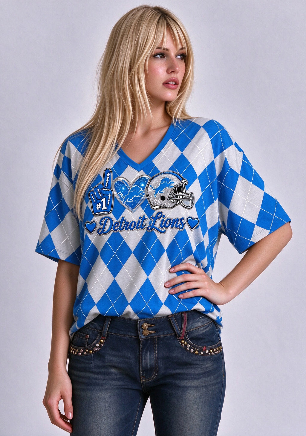 Women's Detroit Lions Argyle #1 Fan Heart Helmet V-Neck T-Shirt