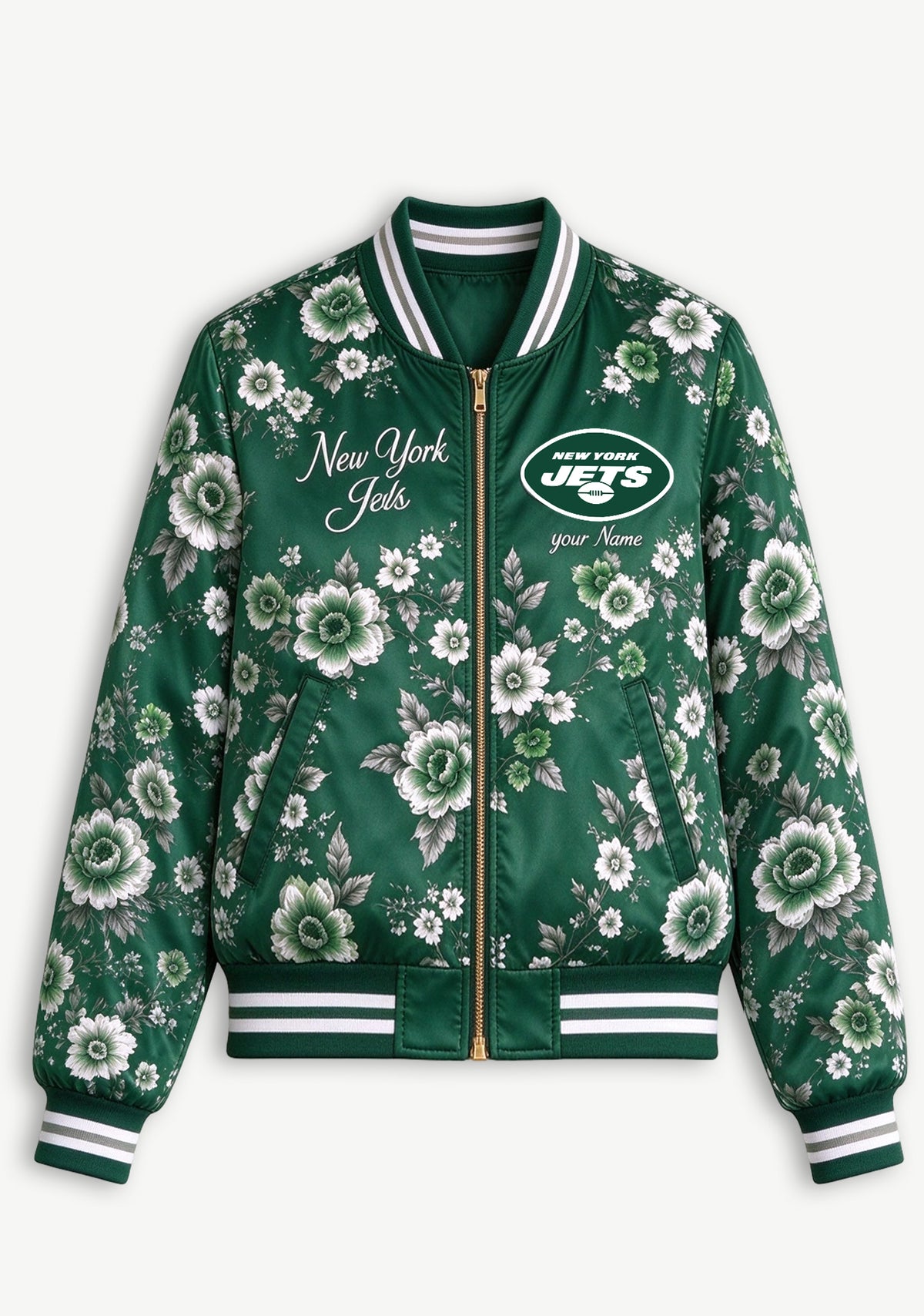 Women New York Jets Floral Print Zip Up Jacket Custom Name For Fan