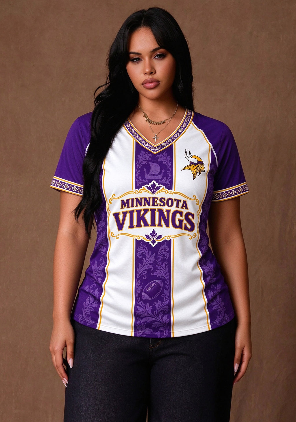Women's Minnesota Vikings Floral Baroque Striped V-Neck T-Shirt