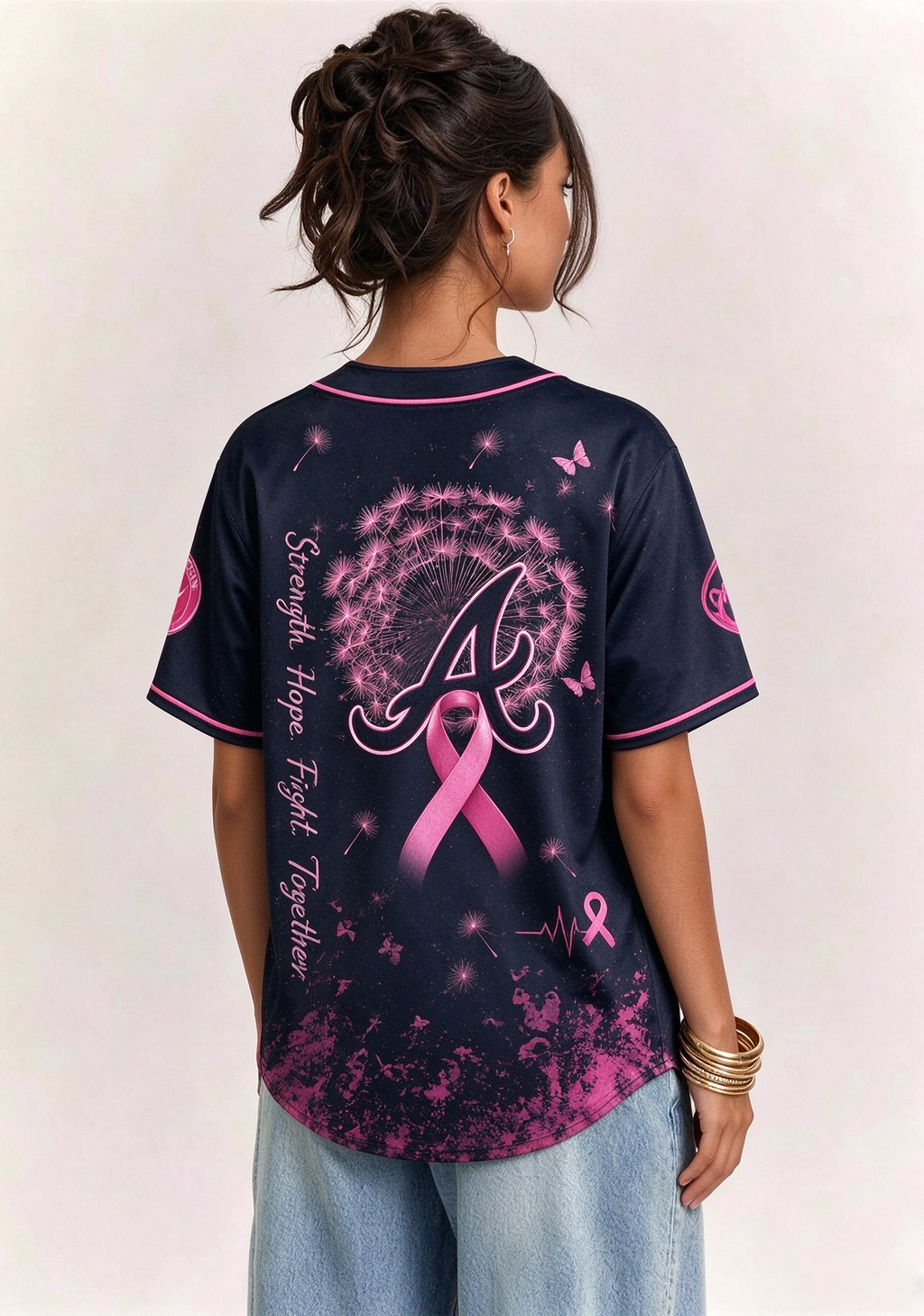 Atlanta Braves Breast Cancer Awareness Dandelion V-Neck T-Shirt