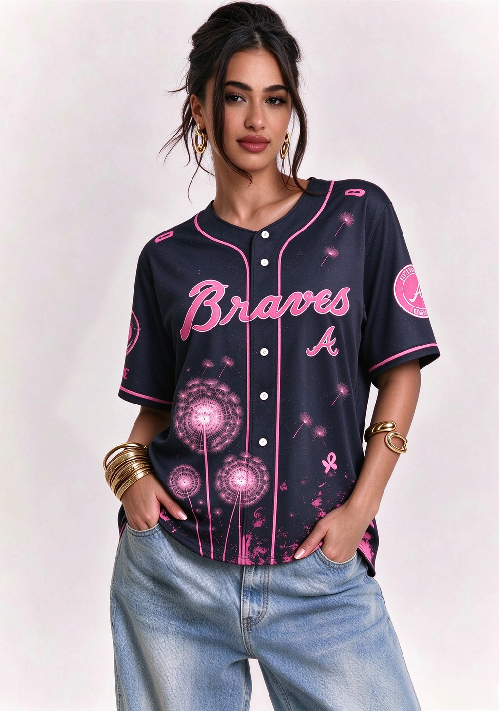 Atlanta Braves Breast Cancer Awareness Dandelion V-Neck T-Shirt