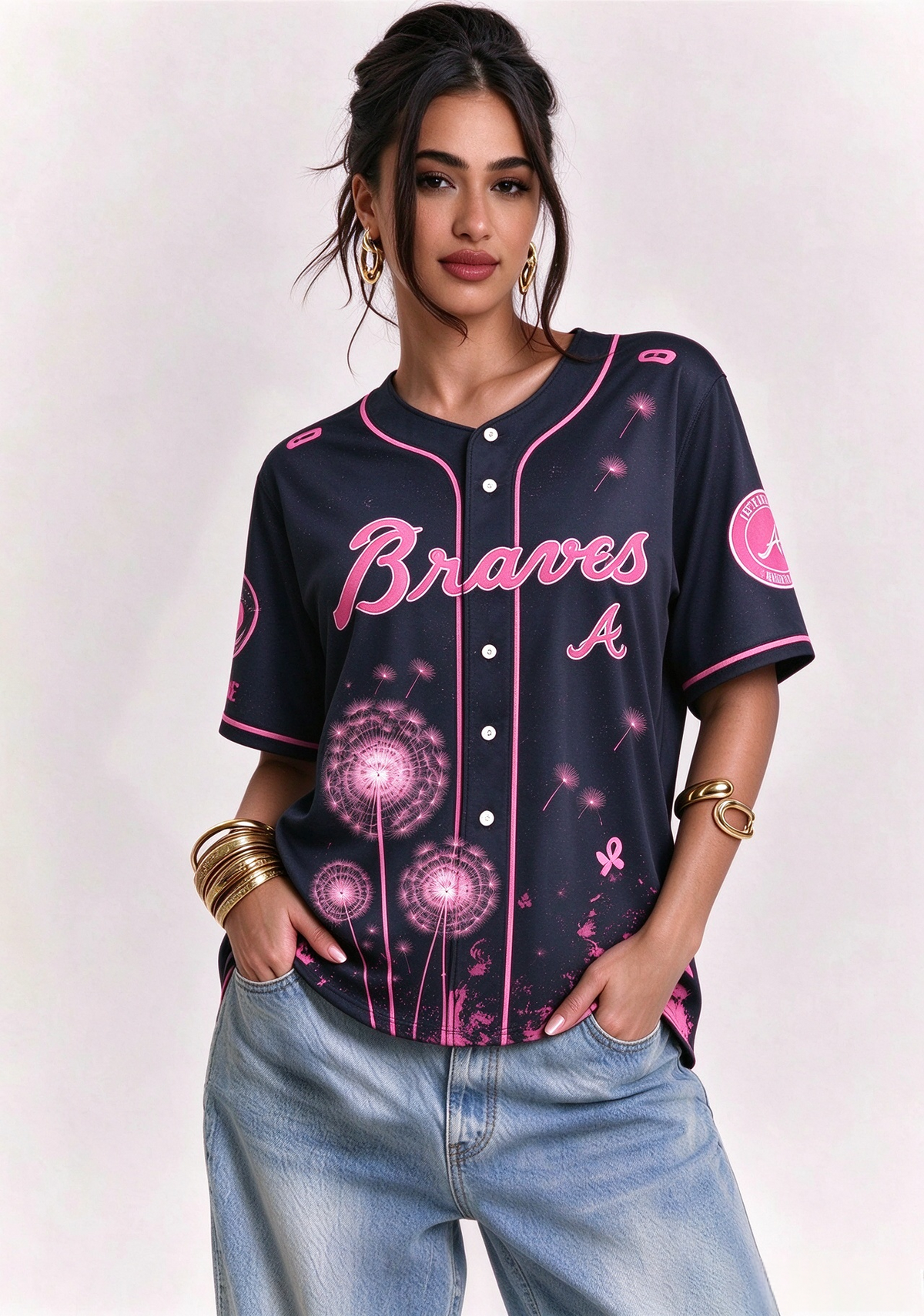 Atlanta Braves Breast Cancer Awareness Dandelion V-Neck T-Shirt