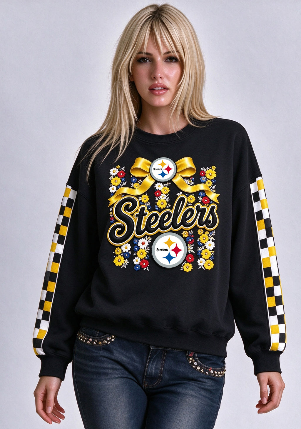 Women's Pittsburgh Steelers Floral Bow Crewneck Sweatshirt