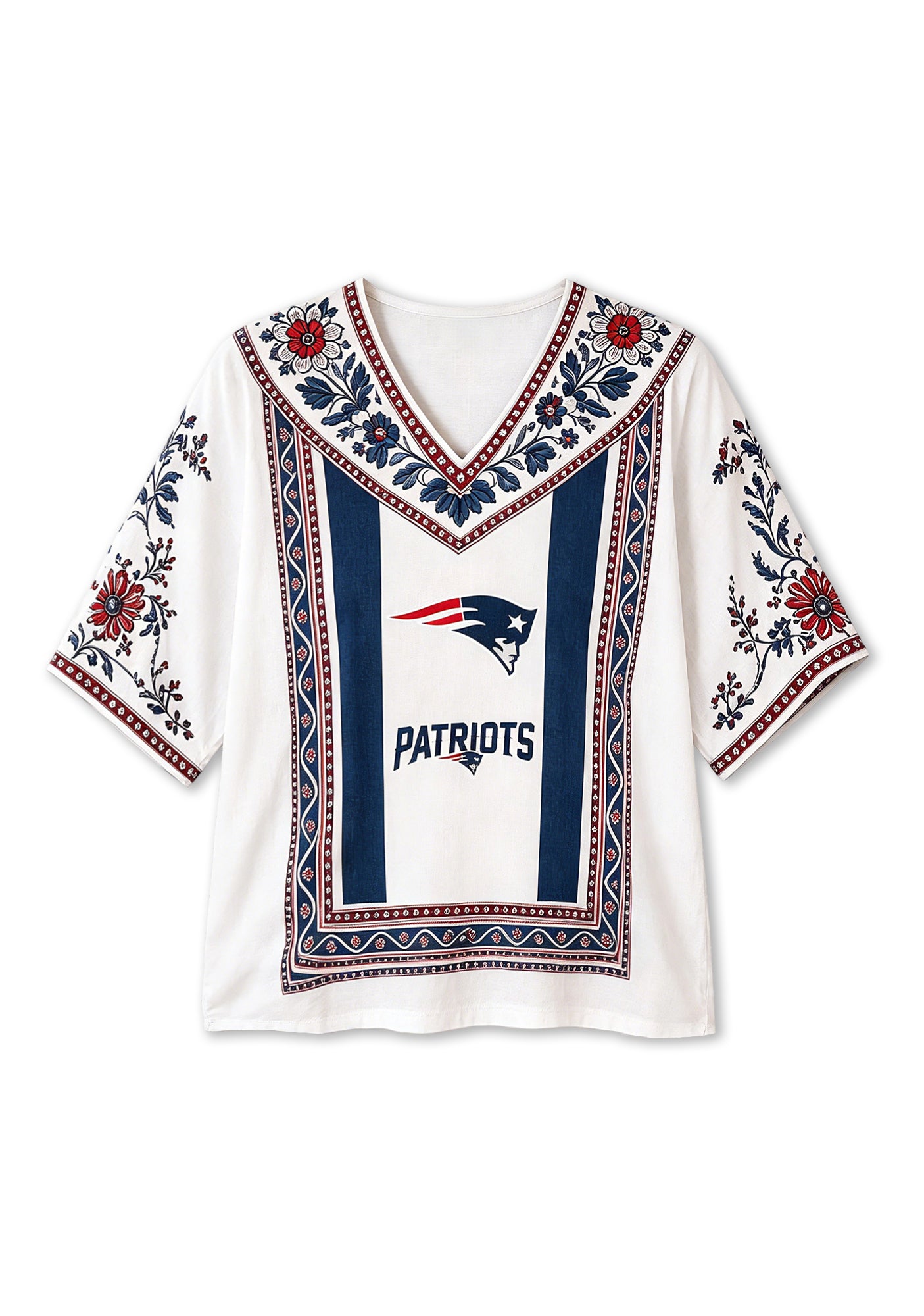 Boho Red Navy Floral New England Patriots V-Neck Blouse Secondary image