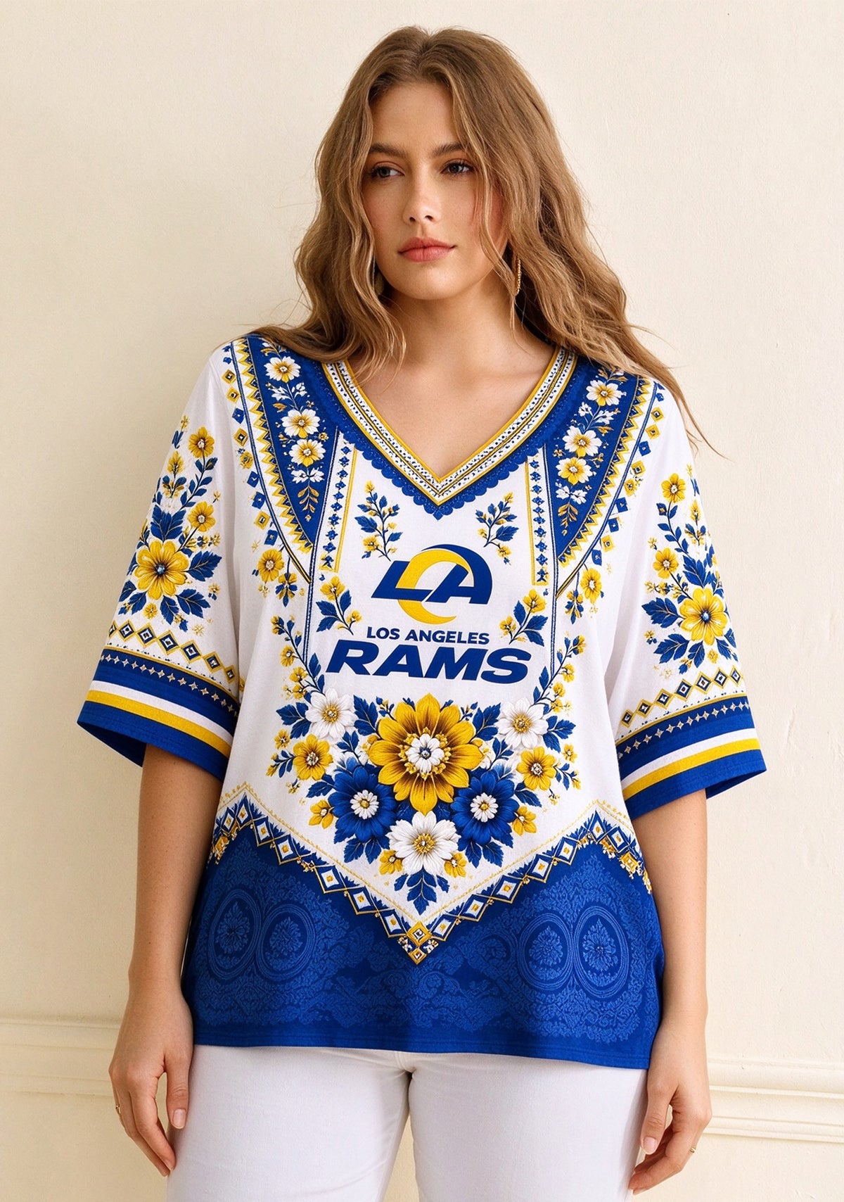 Women’s Los Angeles Rams Boho Floral V-Neck 3/4 Sleeve Shirt Main image