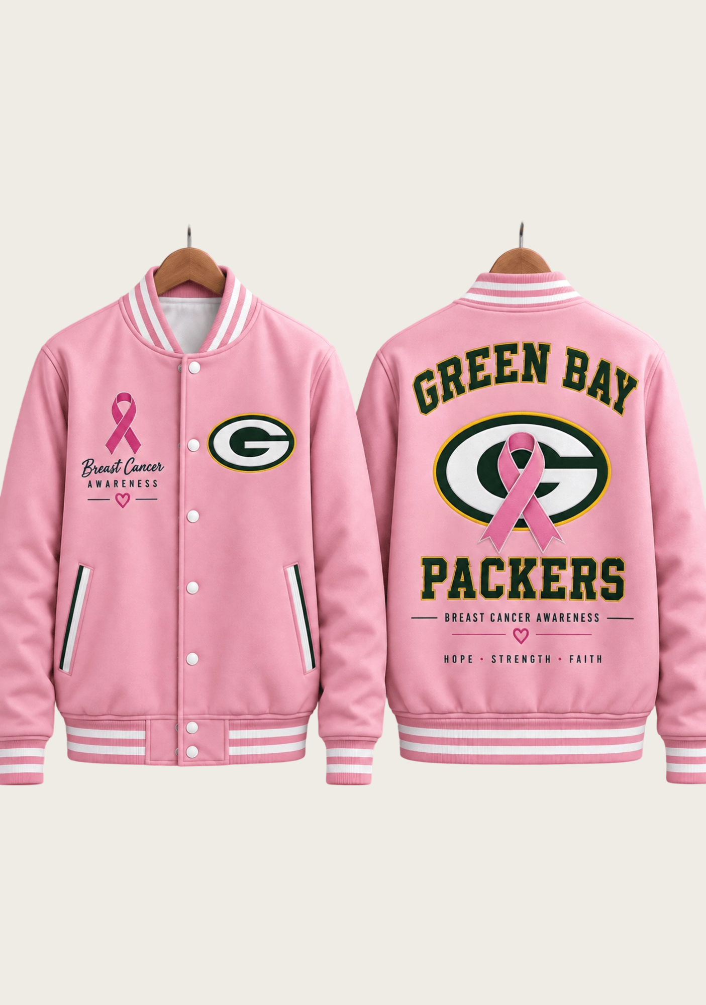 Green Bay Packers Breast Cancer Awareness Pink Ribbon Varsity Jacket Secondary image