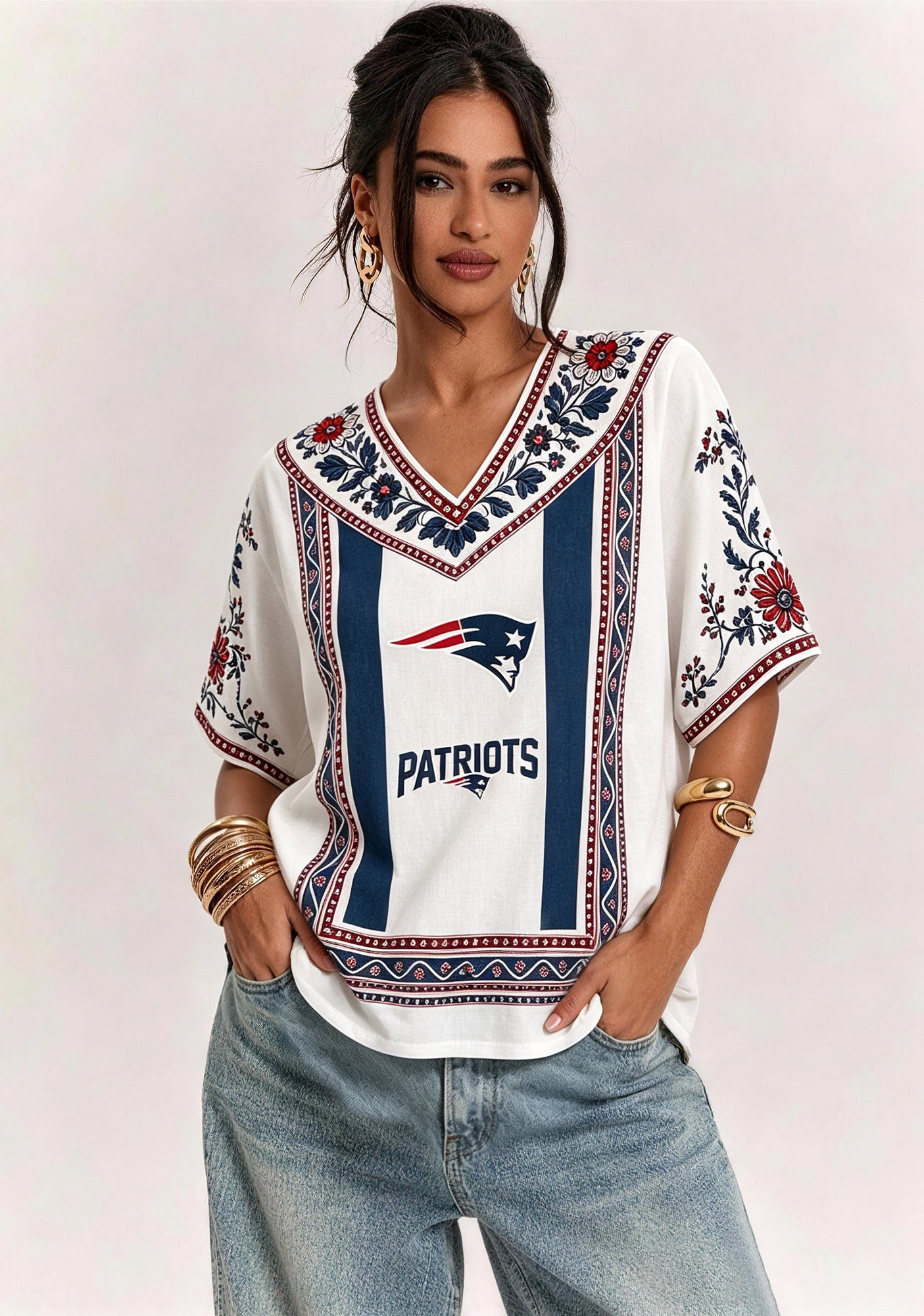 Boho Red Navy Floral New England Patriots V-Neck Blouse Main image