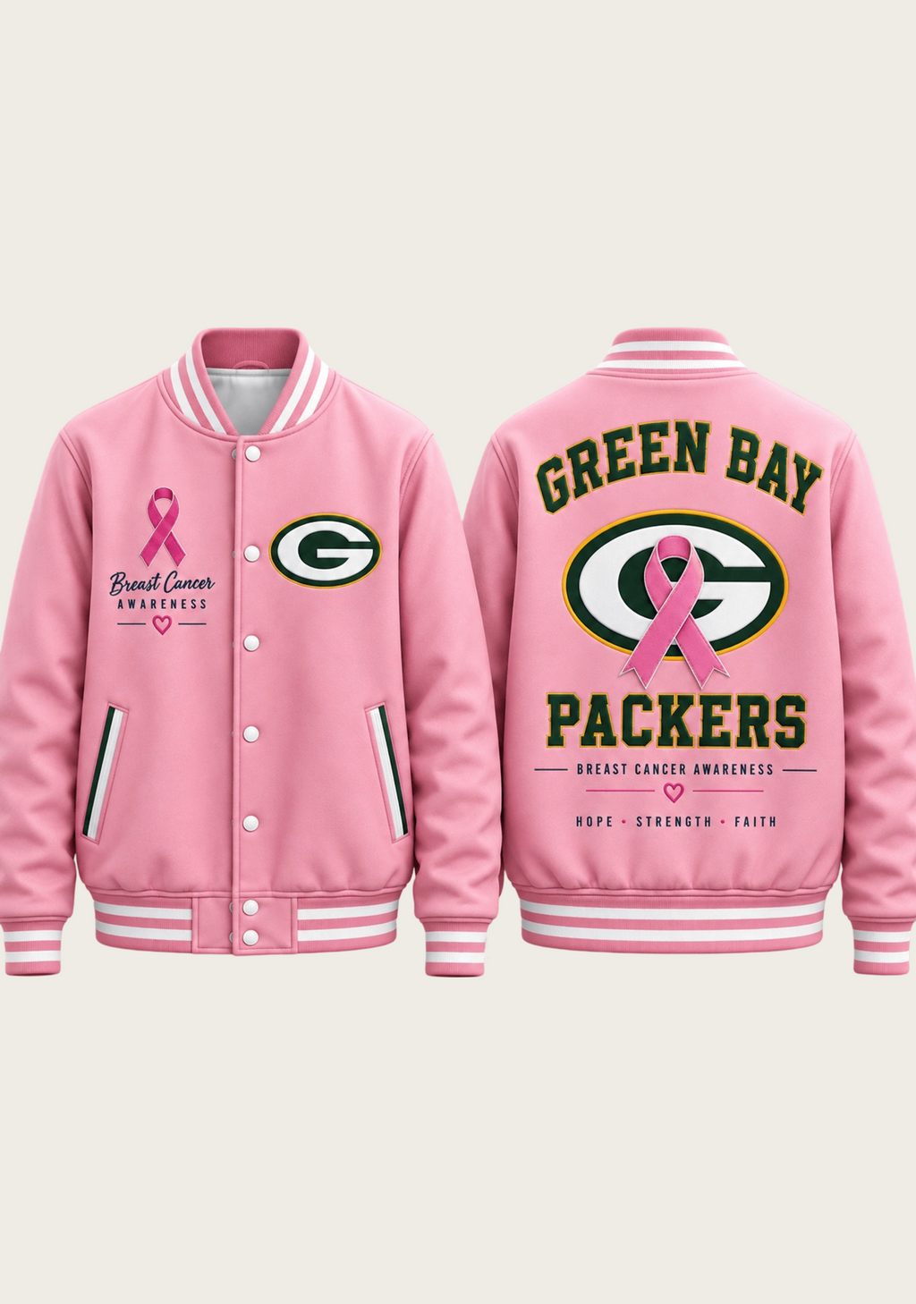 Green Bay Packers Breast Cancer Awareness Pink Ribbon Varsity Jacket