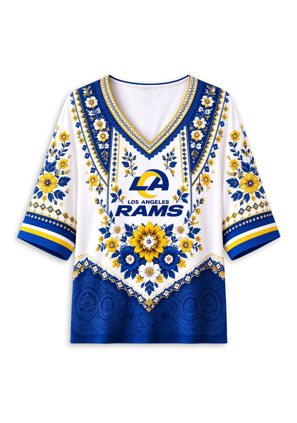 Women’s Los Angeles Rams Boho Floral V-Neck 3/4 Sleeve Shirt