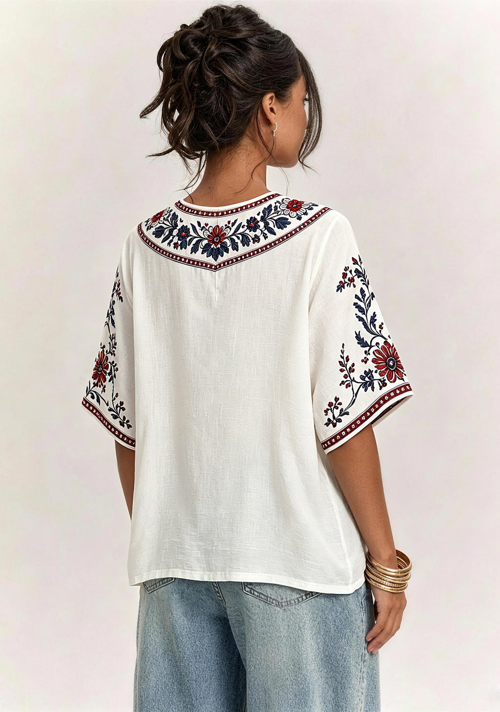 Boho Red Navy Floral New England Patriots V-Neck Blouse