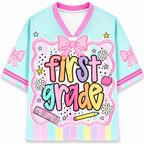Personalized Grade And Name Coquette Bow Coloful Stripes Teacher Mesh Jersey