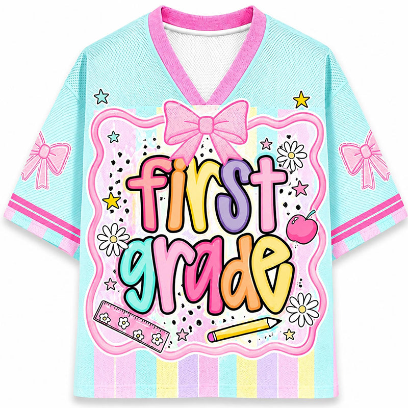 Personalized Grade And Name Coquette Bow Coloful Stripes Teacher Mesh Jersey