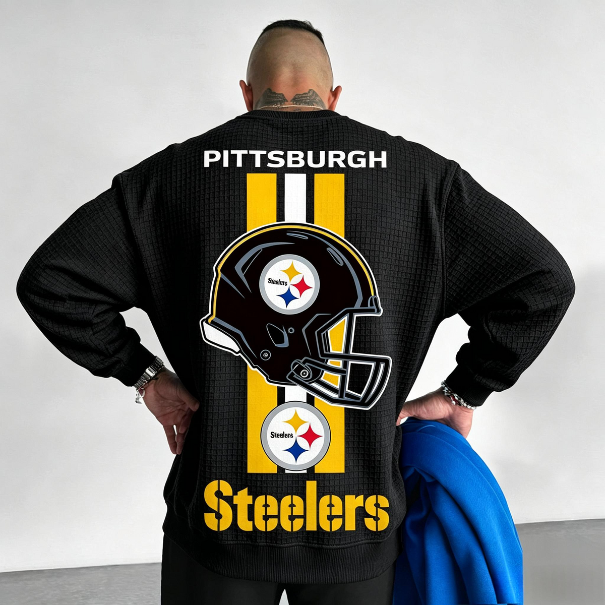 Pittsburgh Steelers Helmet Graphic Waffle Knit Crewneck Sweatshirt