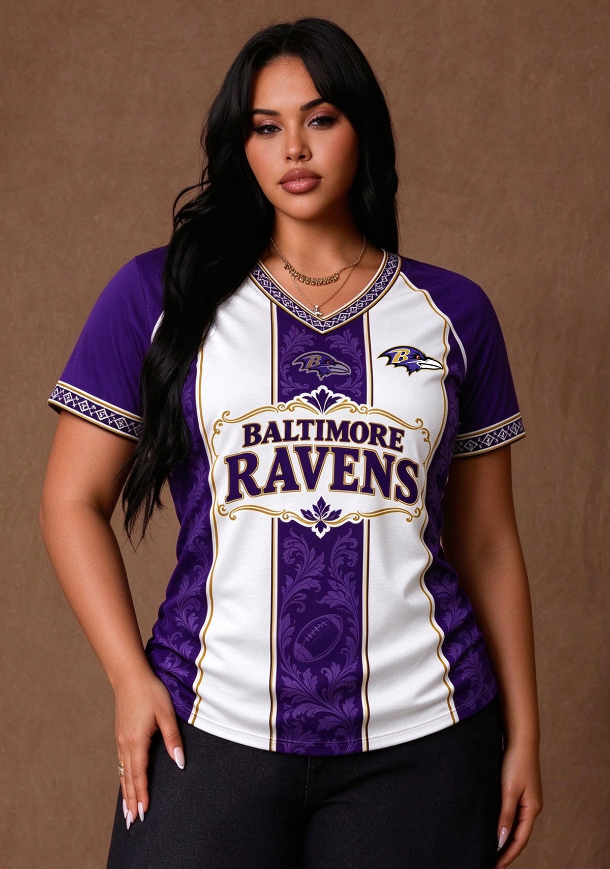 Women's Baltimore Ravens Floral Baroque Striped V-Neck T-Shirt