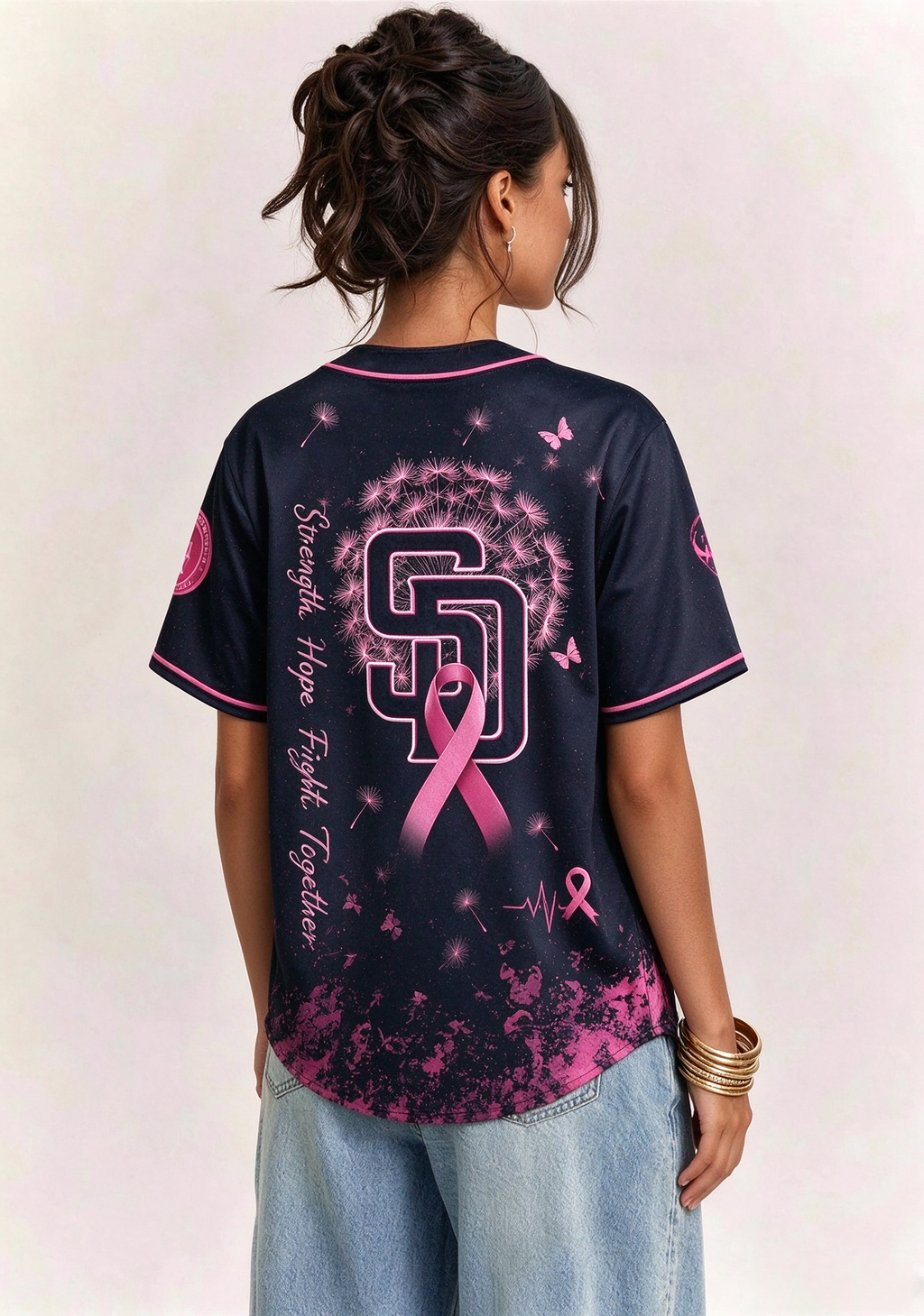 San Diego Padres Breast Cancer Awareness Dandelion V-Neck T-Shirt