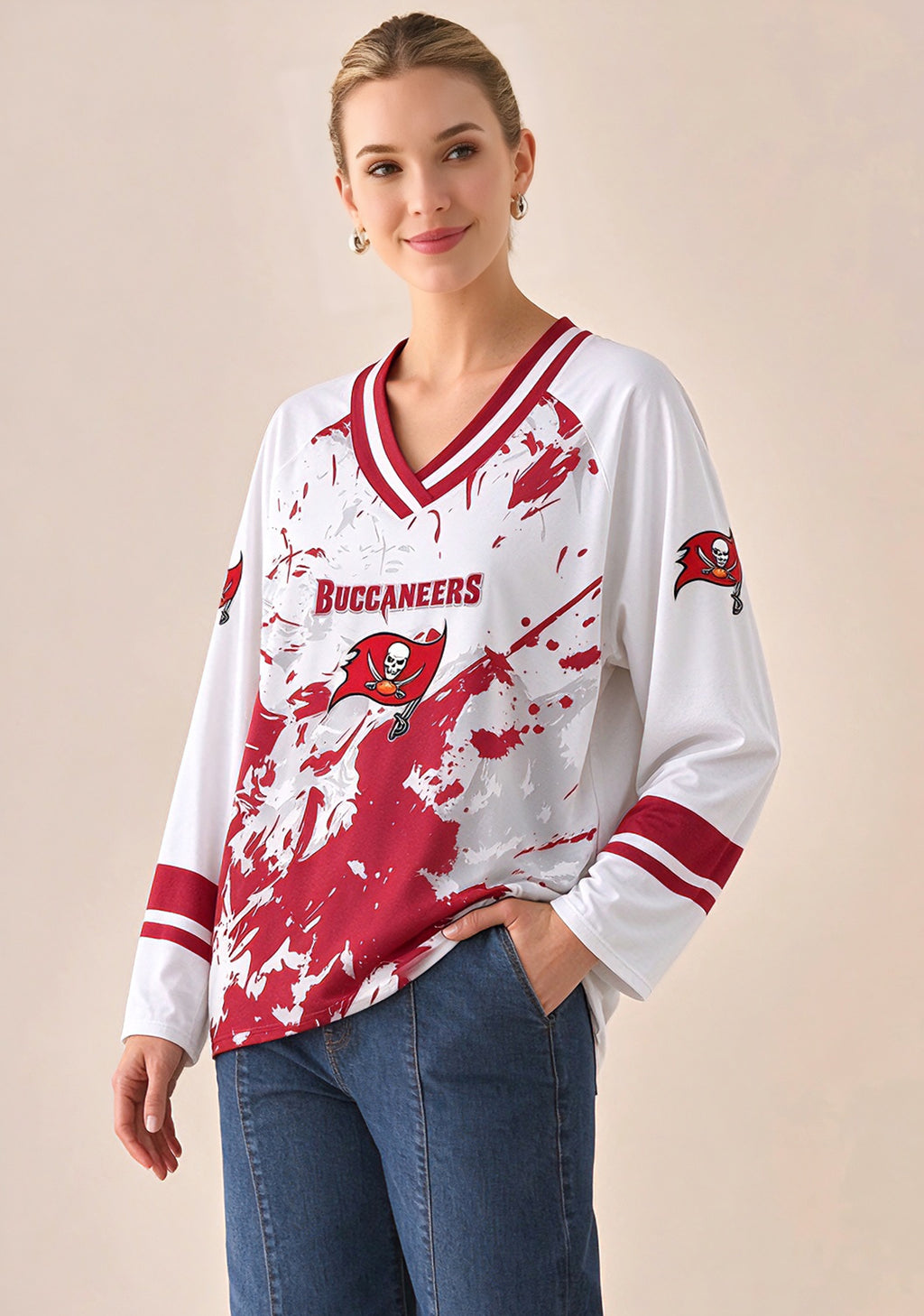 Women's Tampa Bay Buccaneers Graphic V Neck Long Sleeve Shirt