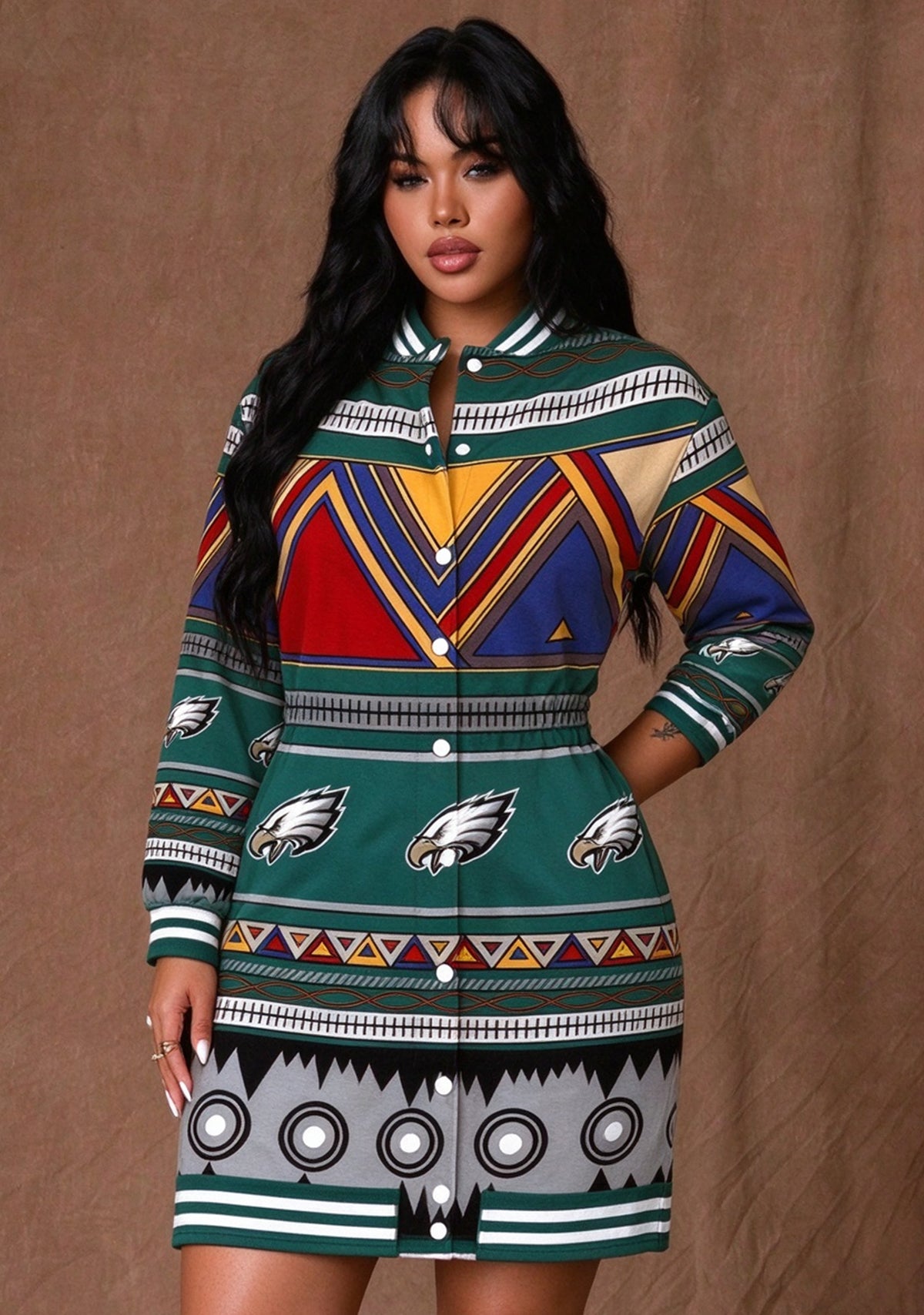 Women's Philadelphia Eagles Aztec Tribal Button Down Jacket Dress