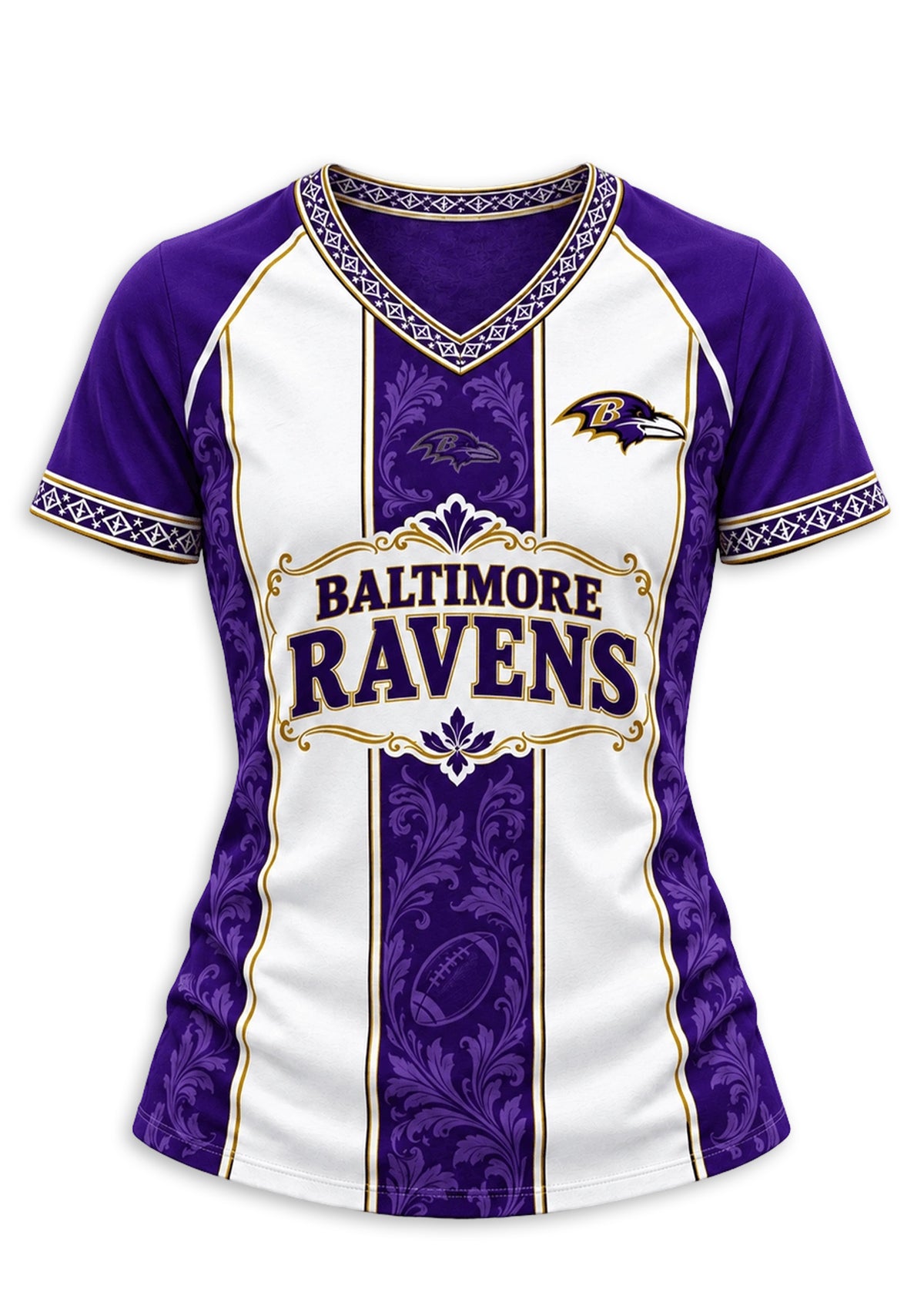 Women's Baltimore Ravens Floral Baroque Striped V-Neck T-Shirt