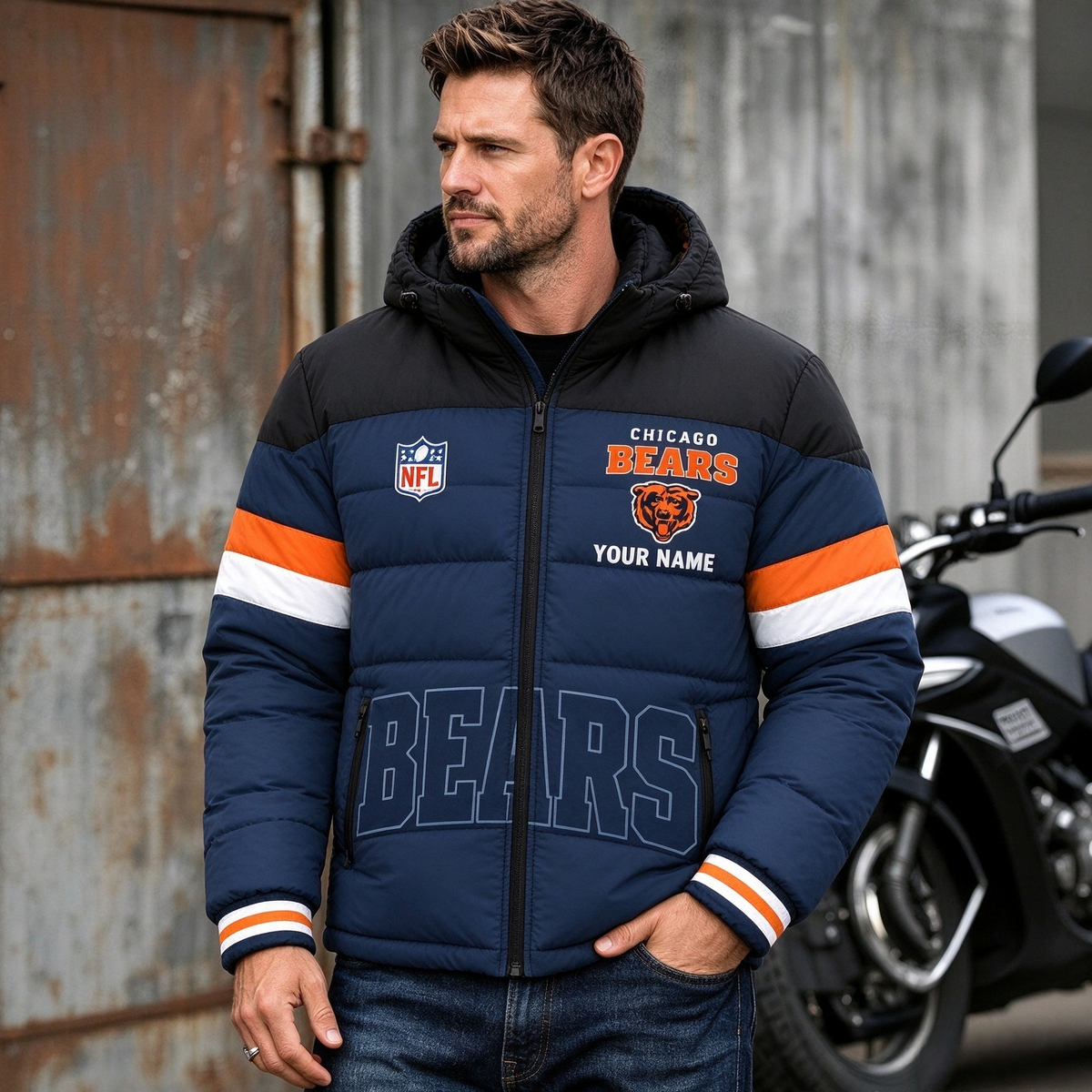 Chicago Bears Hooded Color Block Puffer Jacket  Custom Name Gifts For Fan
