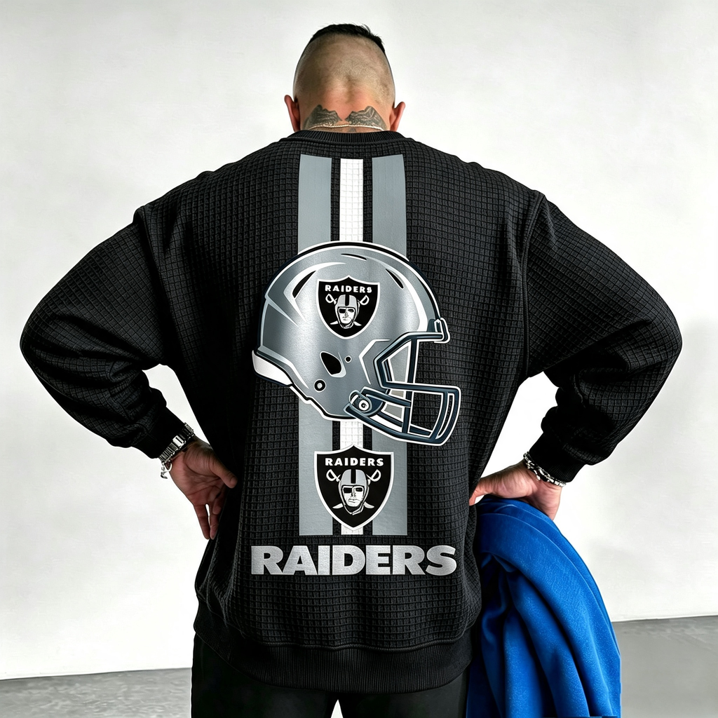 Raiders Helmet Graphic Waffle Knit Crewneck Sweatshirt