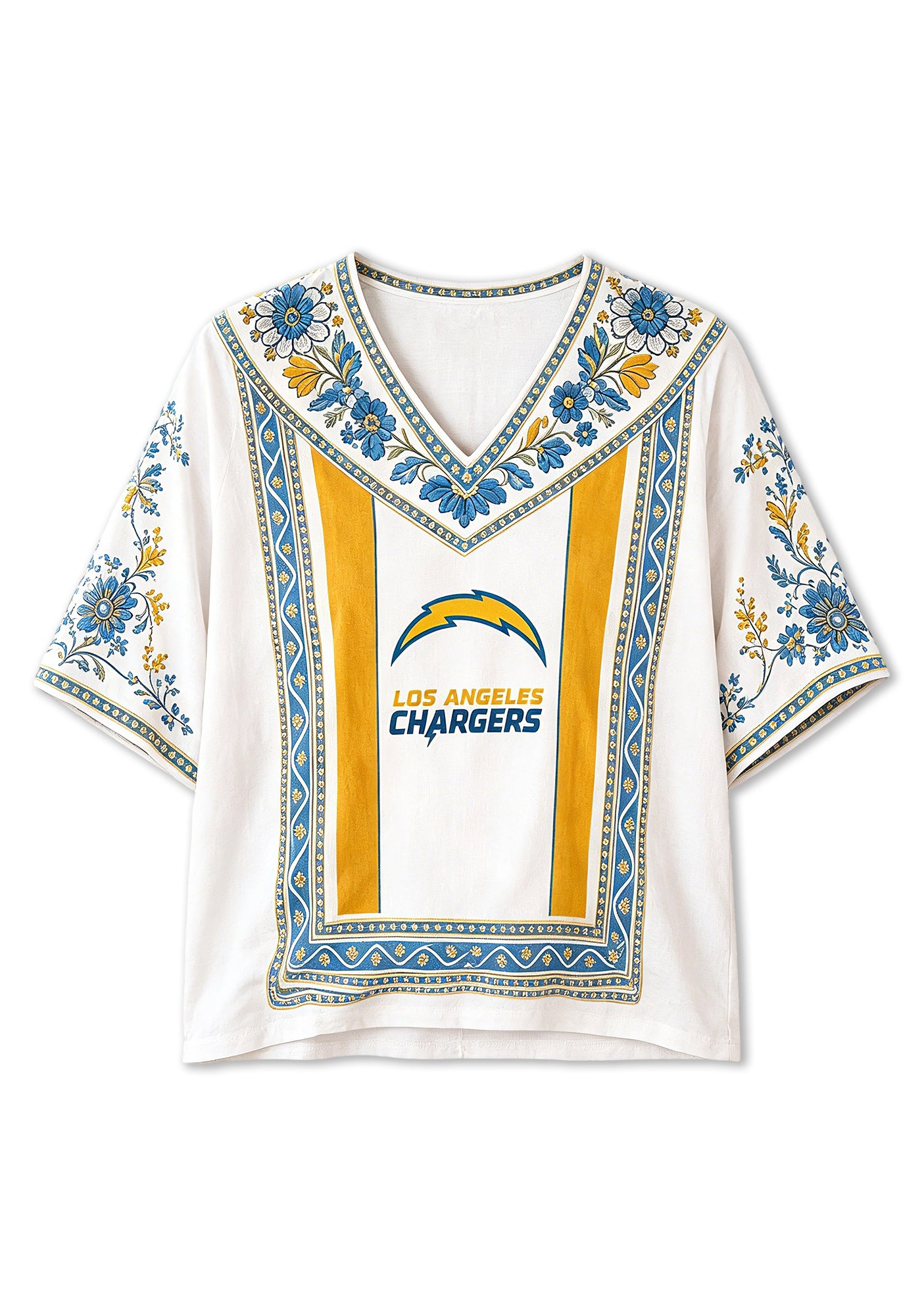 Boho Blue Gold Floral Los Angeles Chargers V-Neck Blouse Secondary image