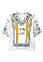 Boho Blue Gold Floral Los Angeles Chargers V-Neck Blouse
