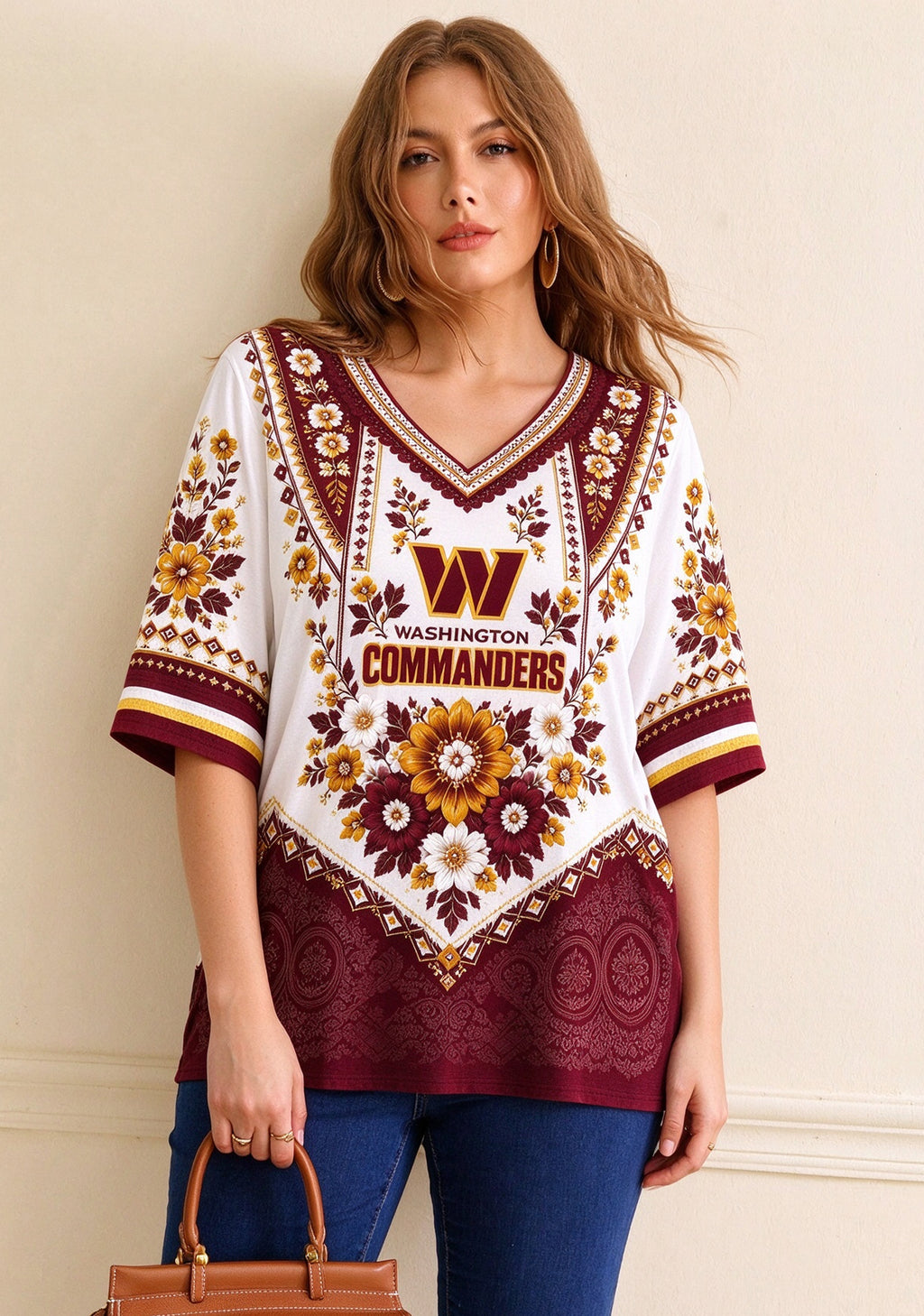 Women’s Washington Commanders Boho Floral V-Neck 3/4 Sleeve Shirt