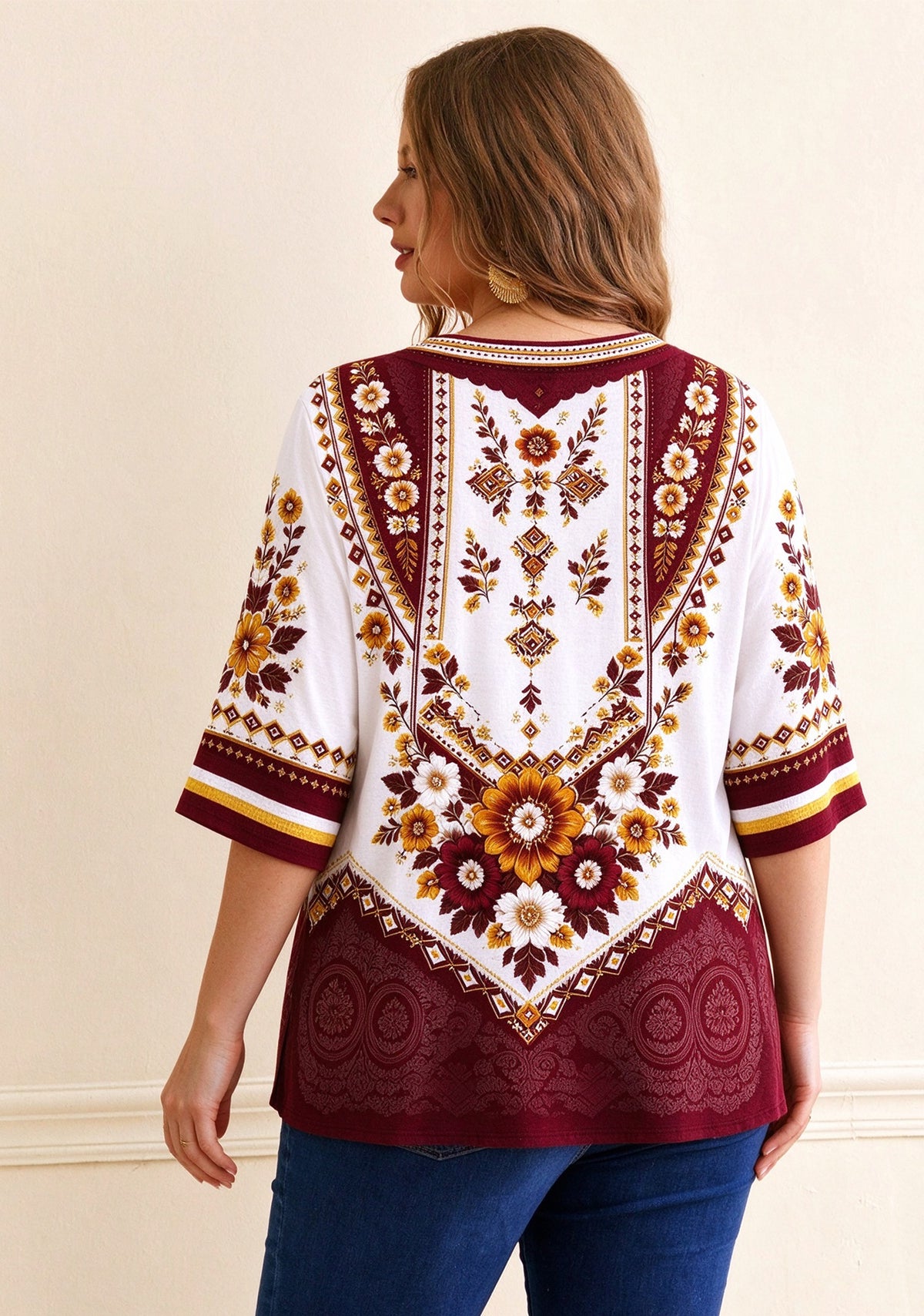 Women’s Washington Commanders Boho Floral V-Neck 3/4 Sleeve Shirt