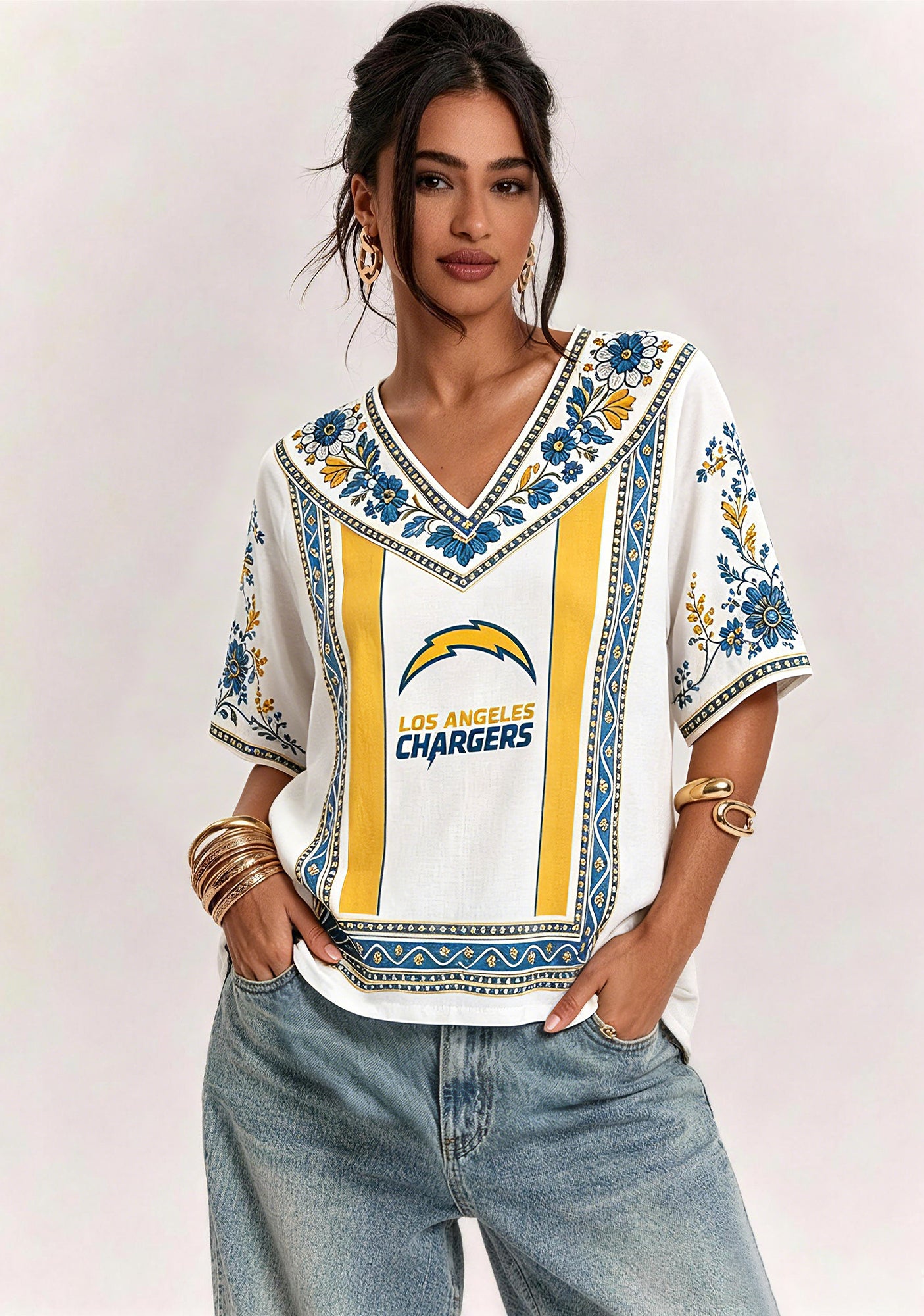 Boho Blue Gold Floral Los Angeles Chargers V-Neck Blouse