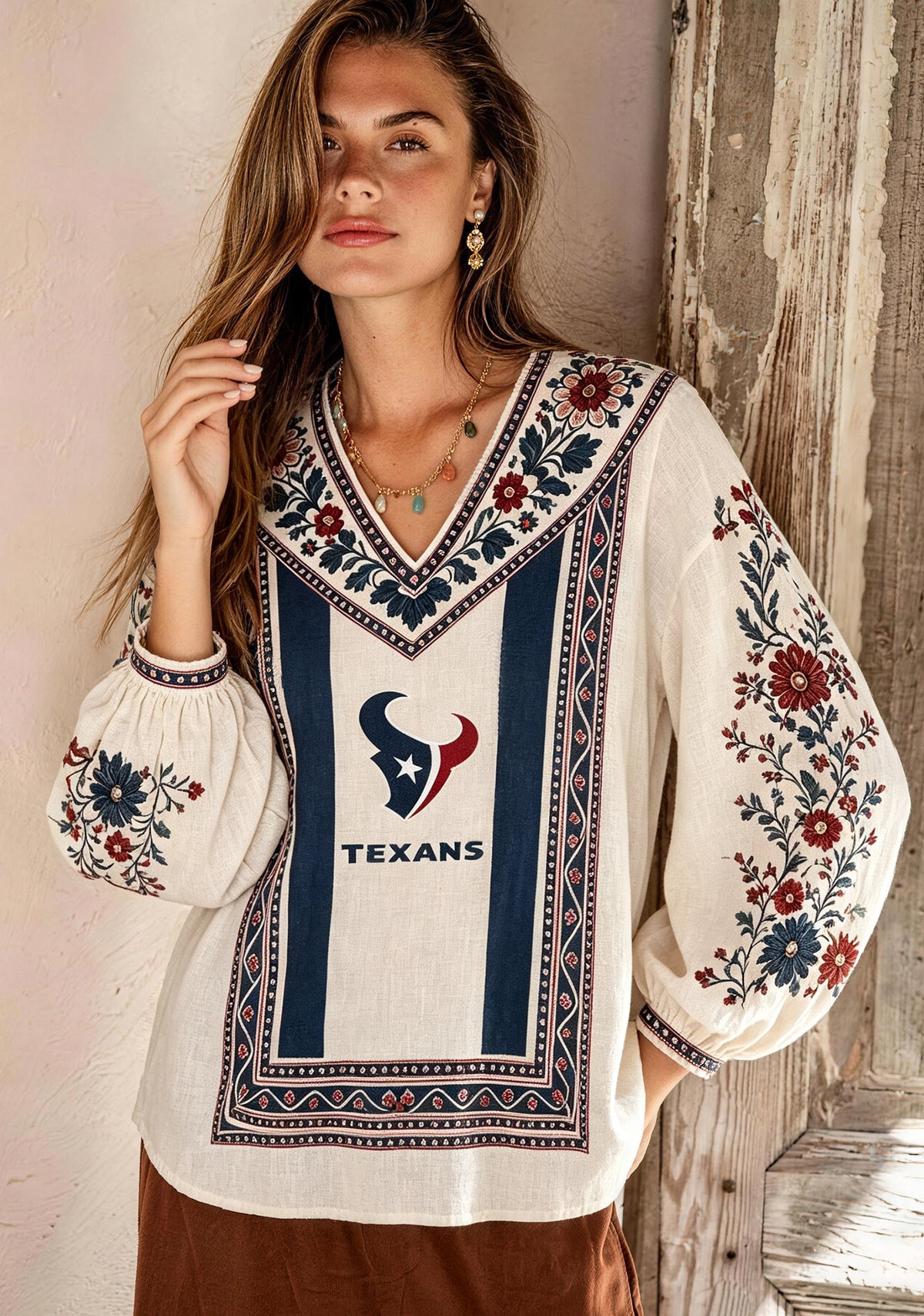 Houston Texans Bohemian Floral Printed V-Neck Long Sleeve Shirt Main image