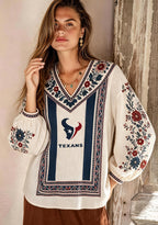 Houston Texans Bohemian Floral Printed V-Neck Long Sleeve Shirt