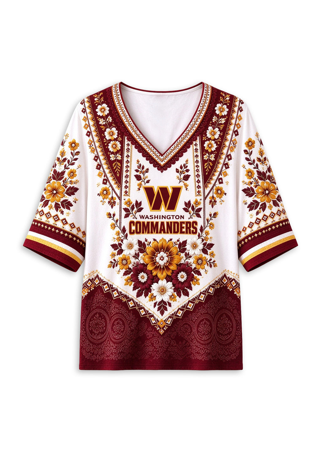 Women’s Washington Commanders Boho Floral V-Neck 3/4 Sleeve Shirt
