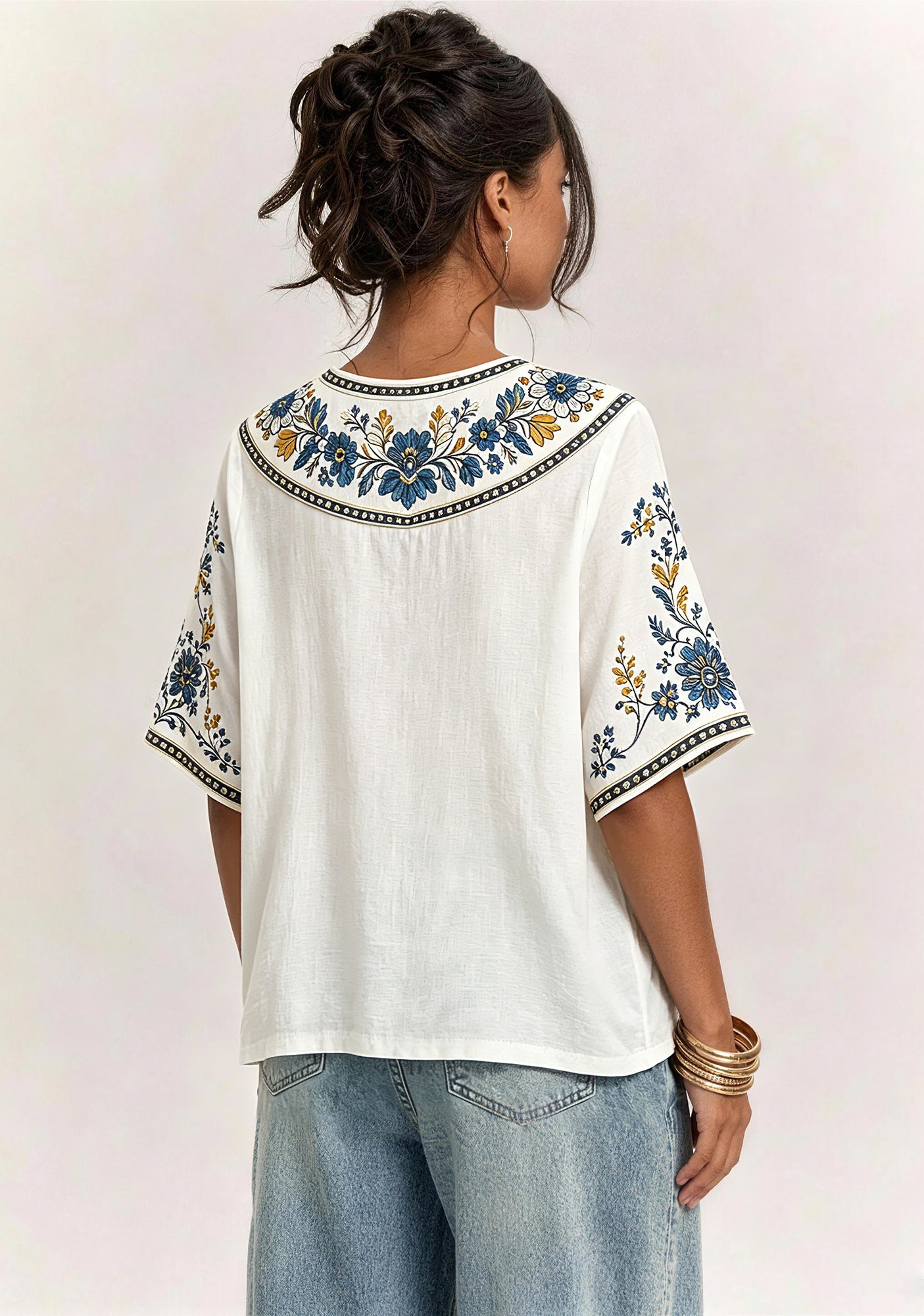 Boho Blue Gold Floral Los Angeles Chargers V-Neck Blouse