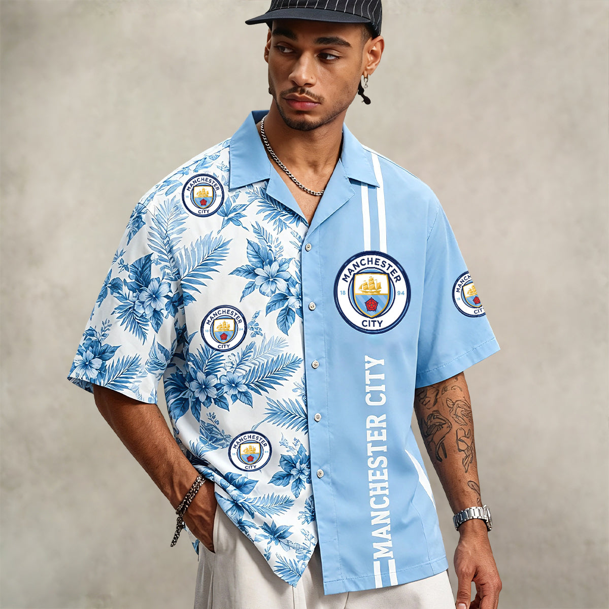 Manchester City FC Half‑Split Hawaiian Shirt For Fan