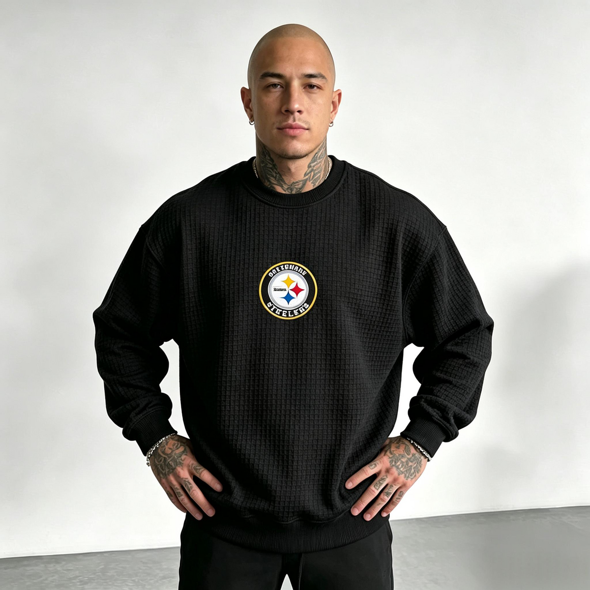 Pittsburgh Steelers Helmet Graphic Waffle Knit Crewneck Sweatshirt
