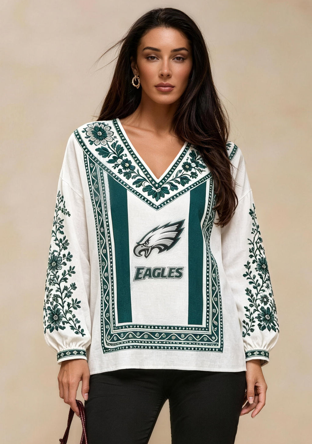 Women's Philadelphia Eagles Boho Floral Printed V-Neck Long Sleeve Shirt