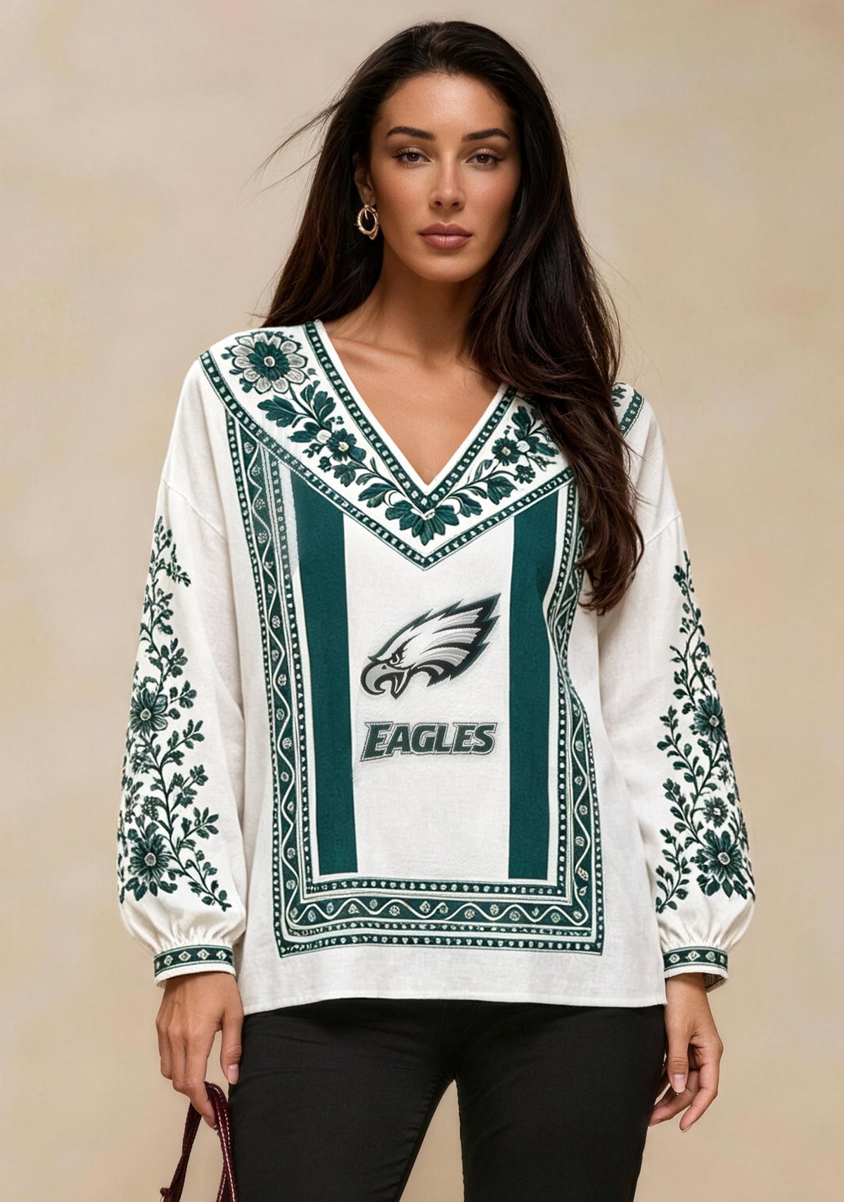 Women's Philadelphia Eagles Boho Floral Printed V-Neck Long Sleeve Shirt