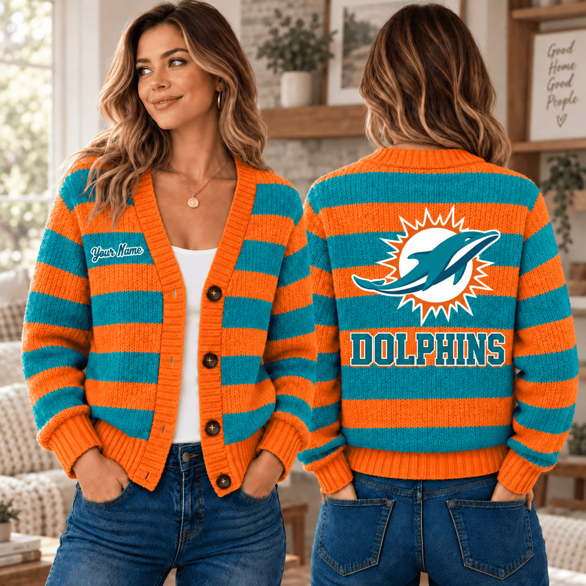 Miami Dolphins NFL Ugly Cardigan Custom Name For Fan Main image
