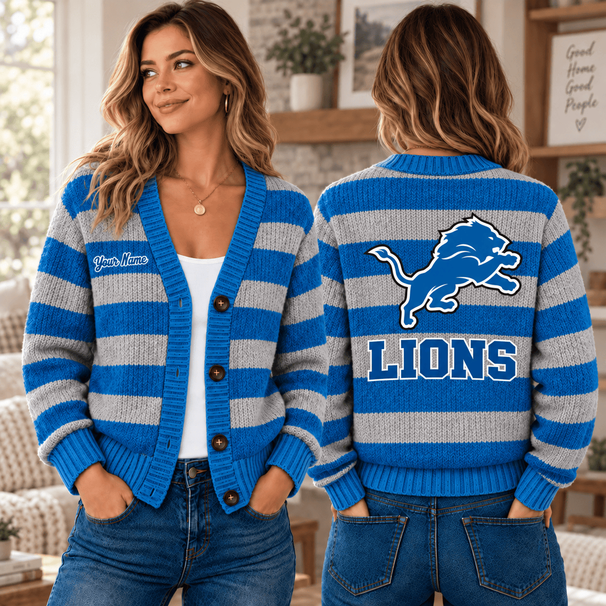 Detroit Lions NFL Ugly Cardigan Custom Name For Fan Main image