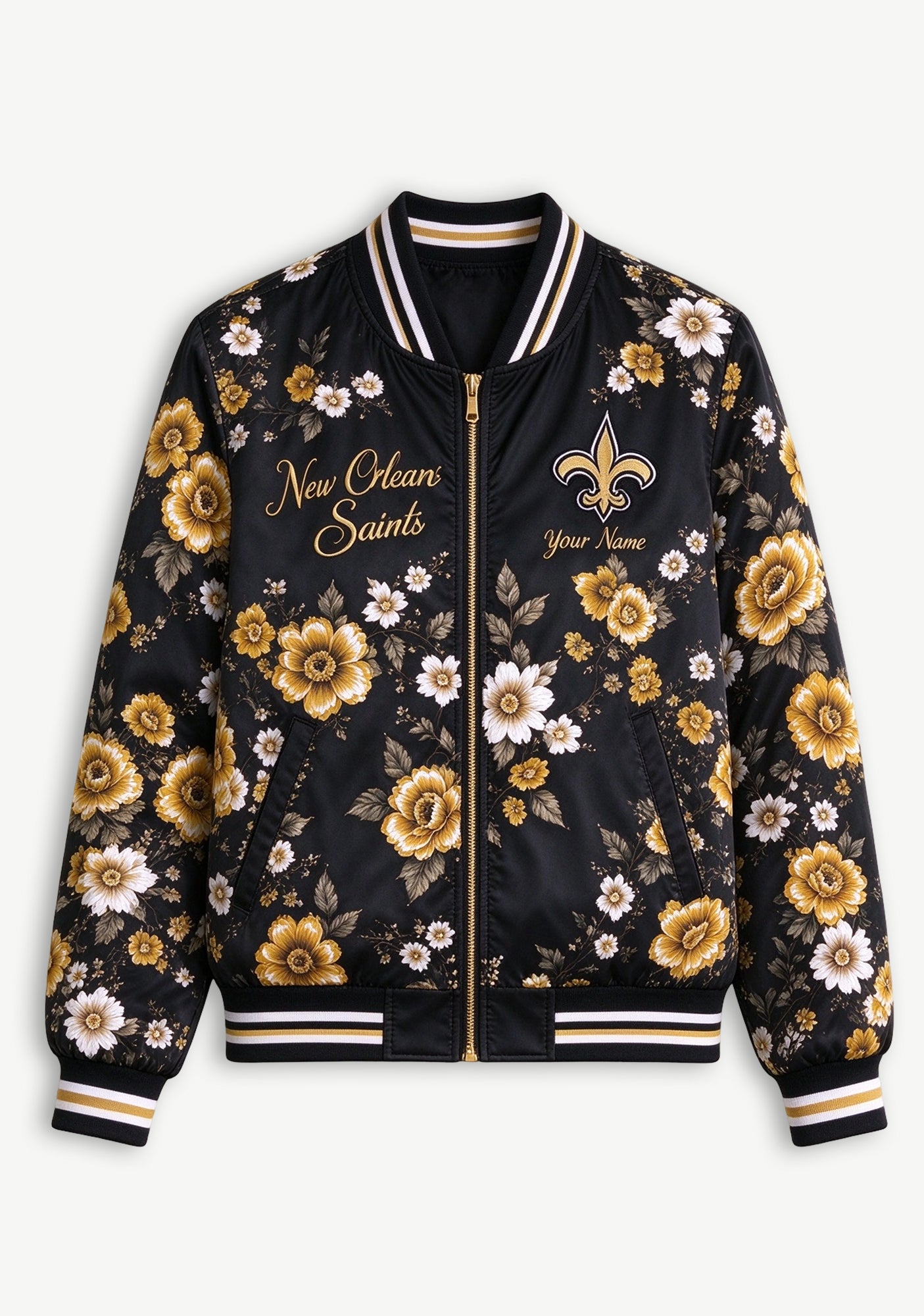 Women New Orleans Saints Floral Print Zip Up Jacket Custom Name For Fan Secondary image