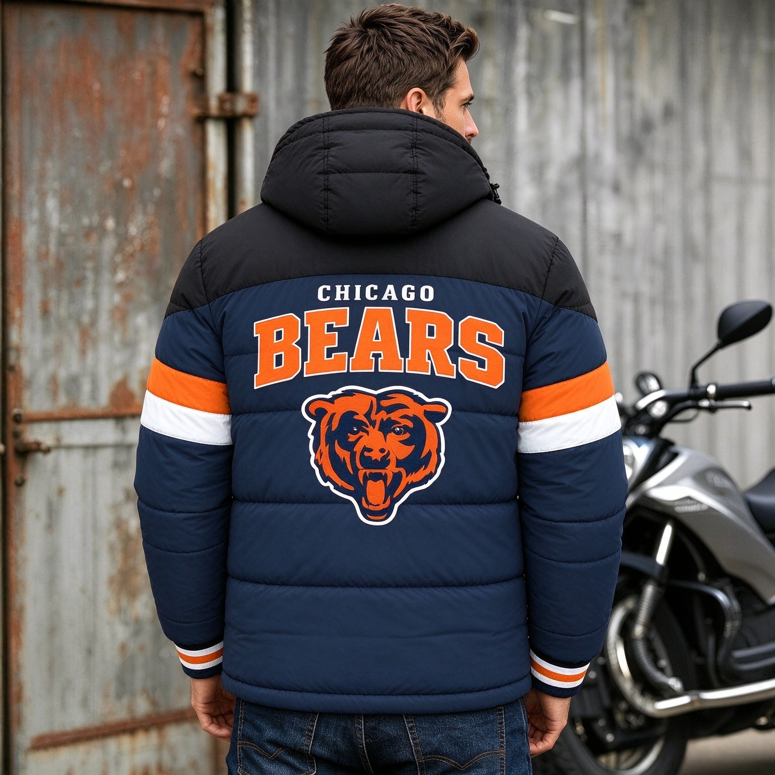 Chicago Bears Hooded Color Block Puffer Jacket  Custom Name Gifts For Fan Secondary image