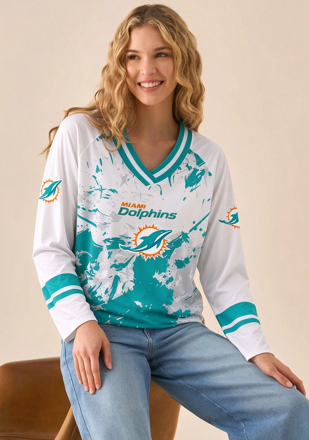 Women's Miami Dolphins Graphic V Neck Long Sleeve Shirt