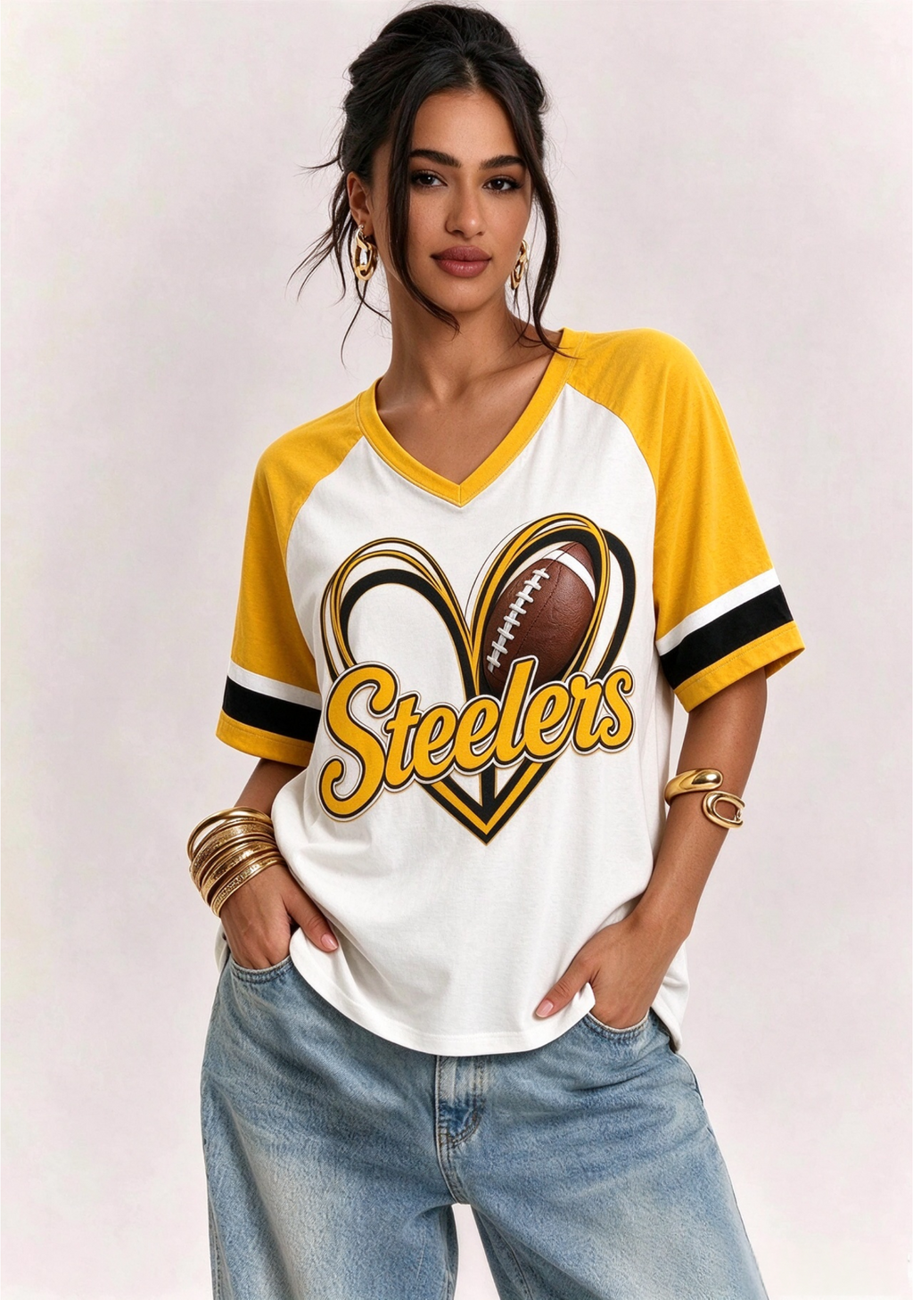 Women Pittsburgh Steelers Heart Graphic V-Neck Fan T-Shirt